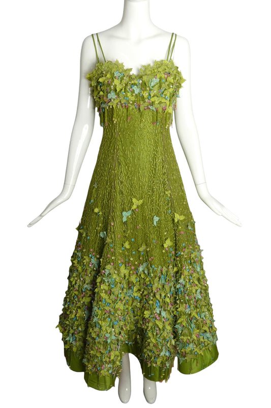 1990s Green Beaded Fringe Appliqué Evening Gown, Size 2 Petite