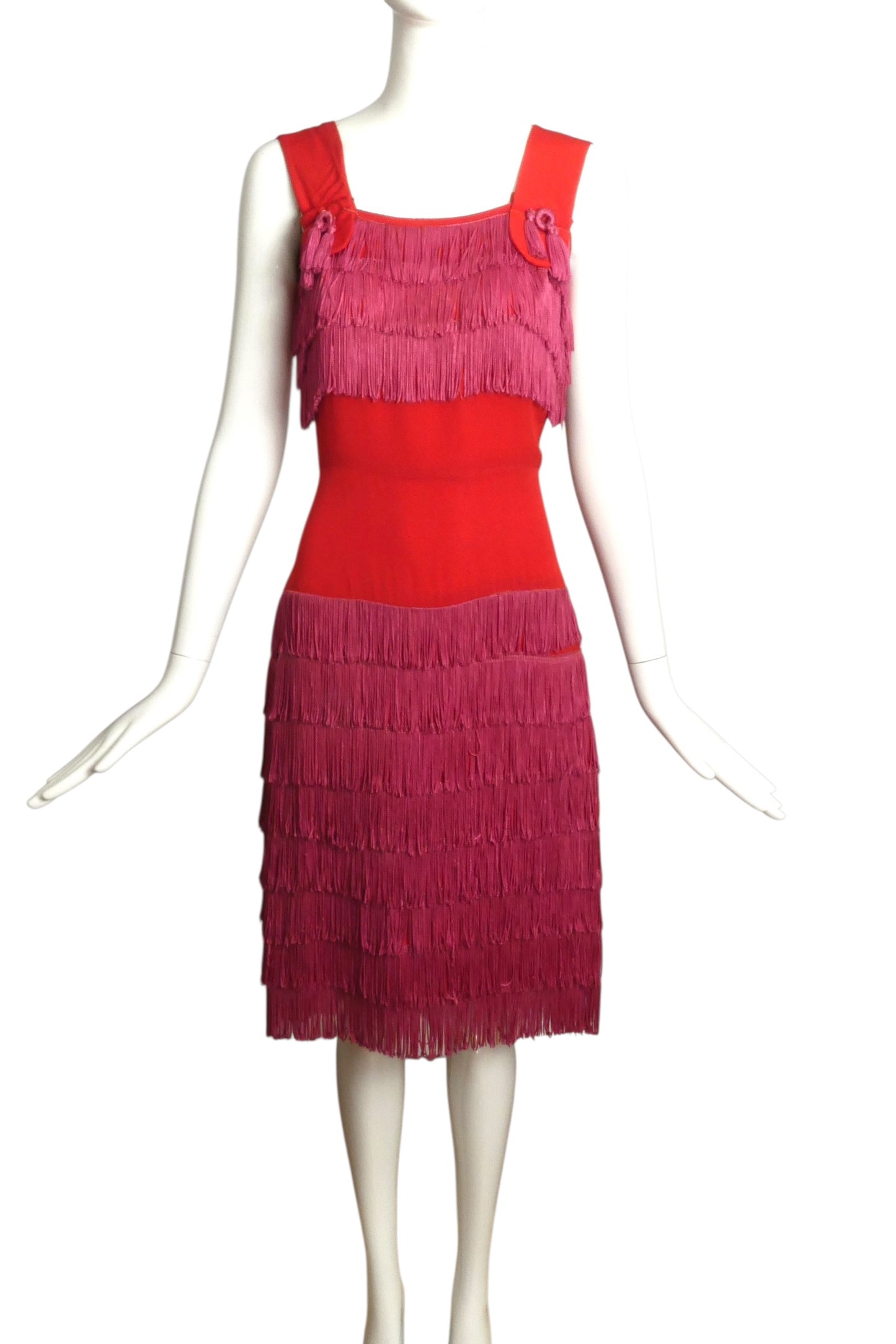 1950s Red & Pink Fringed Crepe Dress, Size 6