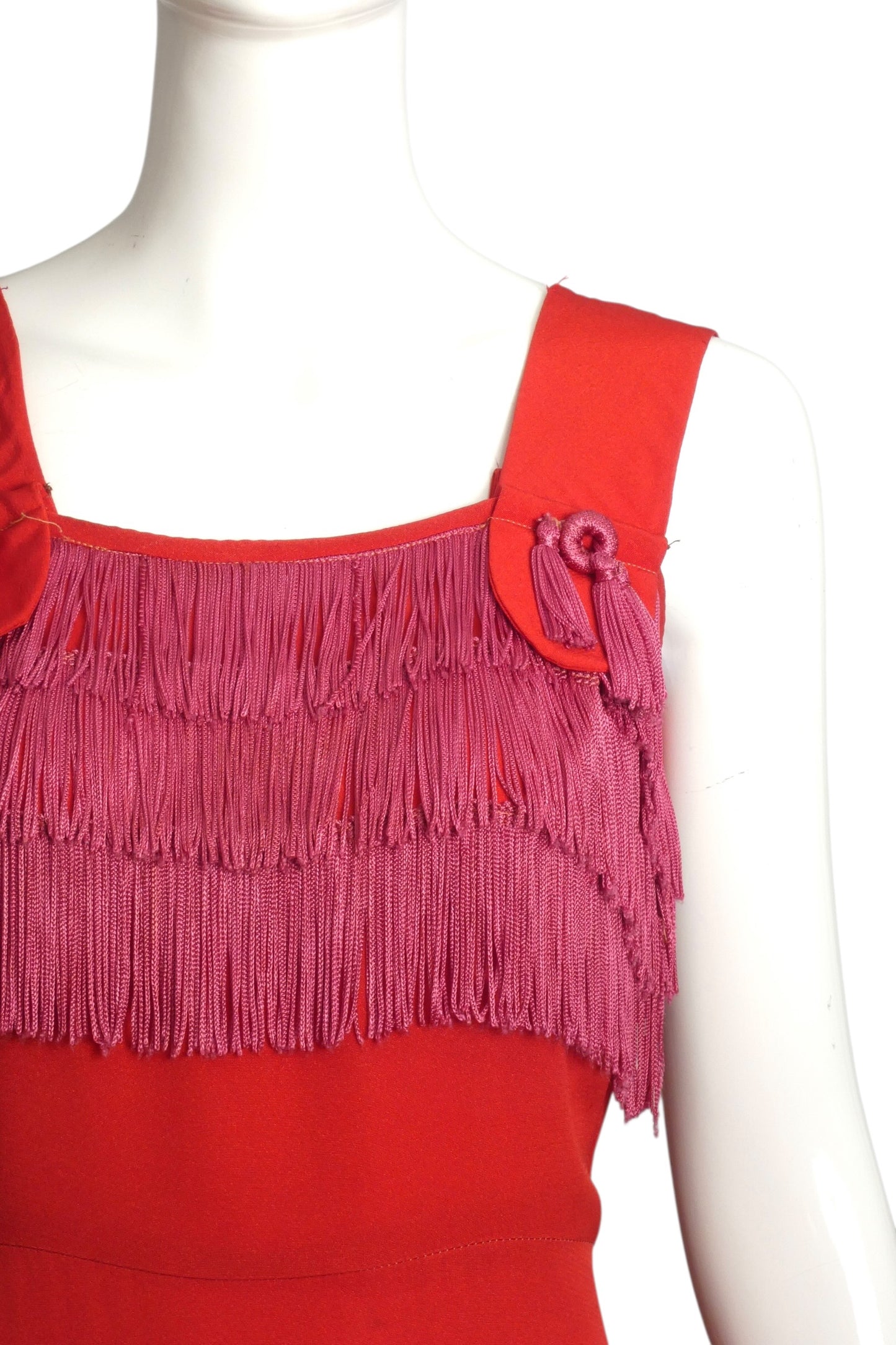 1950s Red & Pink Fringed Crepe Dress, Size 6
