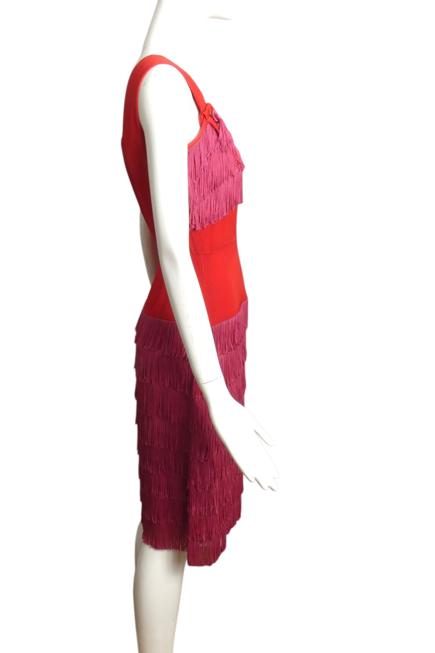 1950s Red & Pink Fringed Crepe Dress, Size 6
