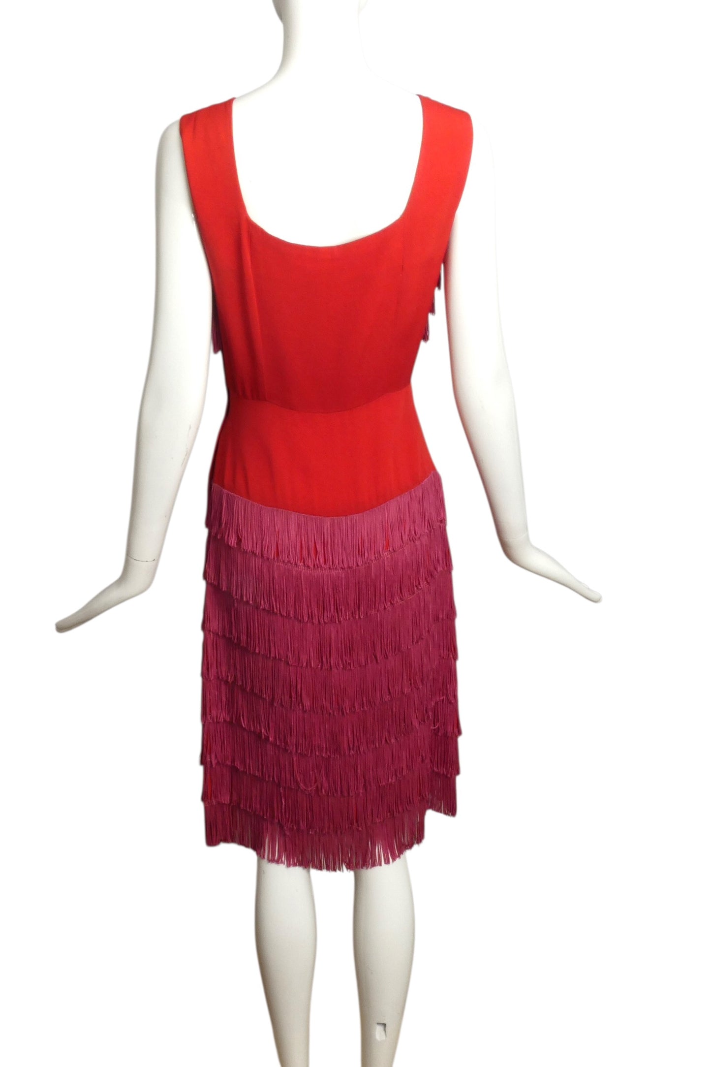 1950s Red & Pink Fringed Crepe Dress, Size 6