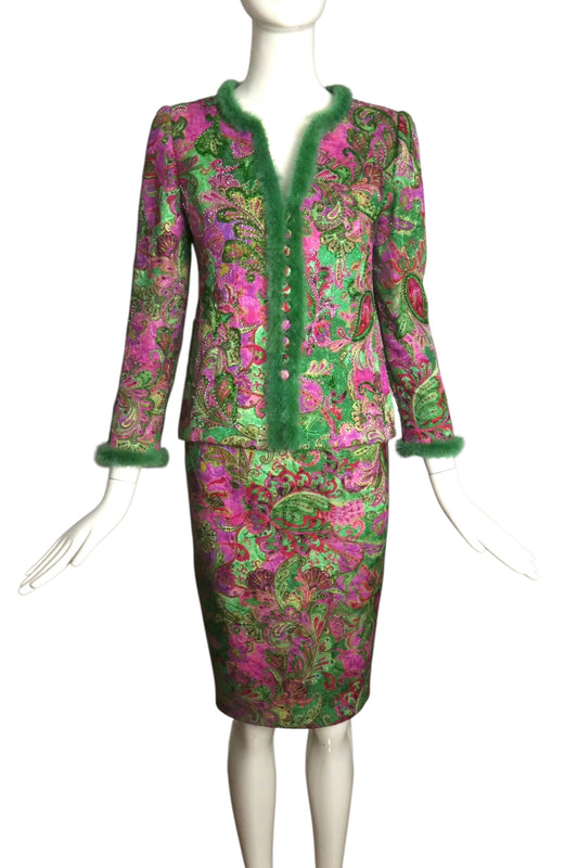 FE ZANDI- 1990s Brocade & Fur Trimmed Skirt Suit, Size 2