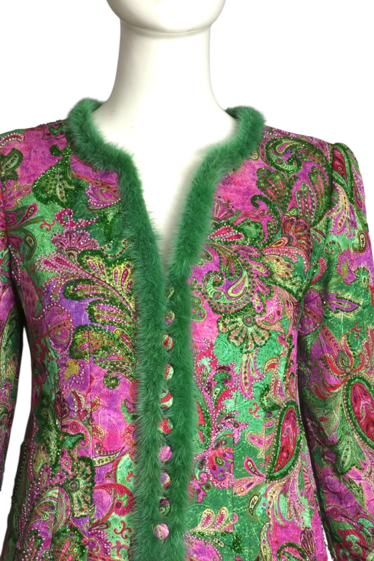 FE ZANDI- 1990s Brocade & Fur Trimmed Skirt Suit, Size 2