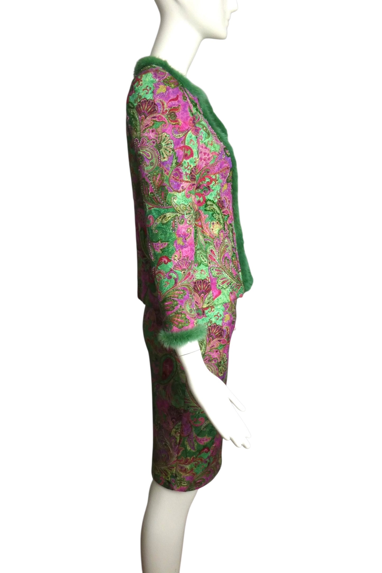 FE ZANDI- 1990s Brocade & Fur Trimmed Skirt Suit, Size 2