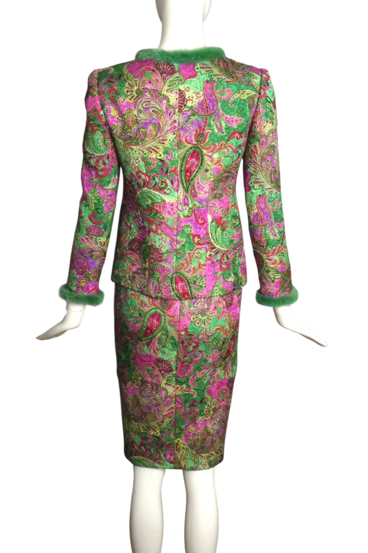 FE ZANDI- 1990s Brocade & Fur Trimmed Skirt Suit, Size 2