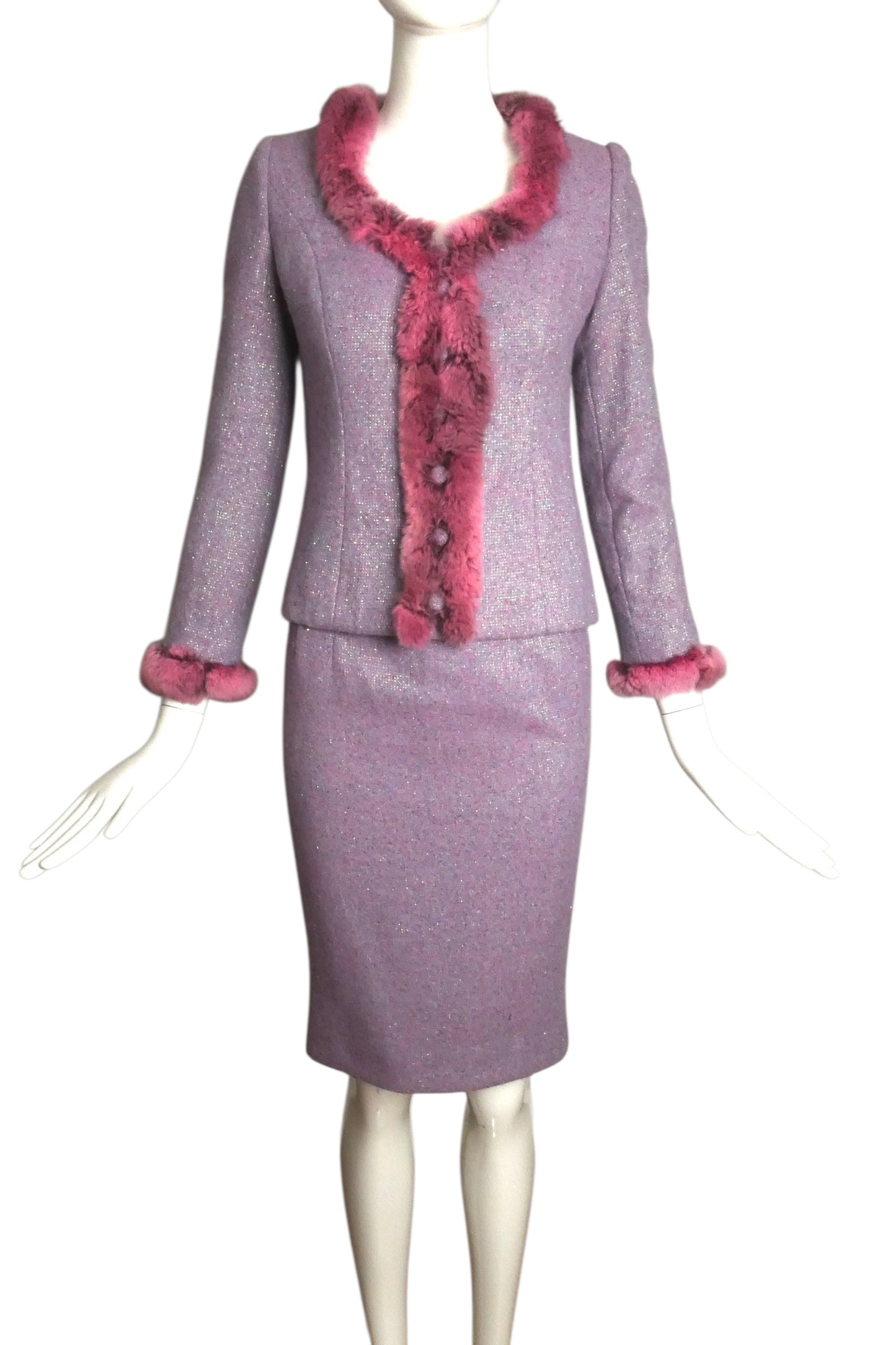 MIRELLA CAVORSO- 2013 Lavender Wool & Fur Trimmed Skirt Suit, Size 2