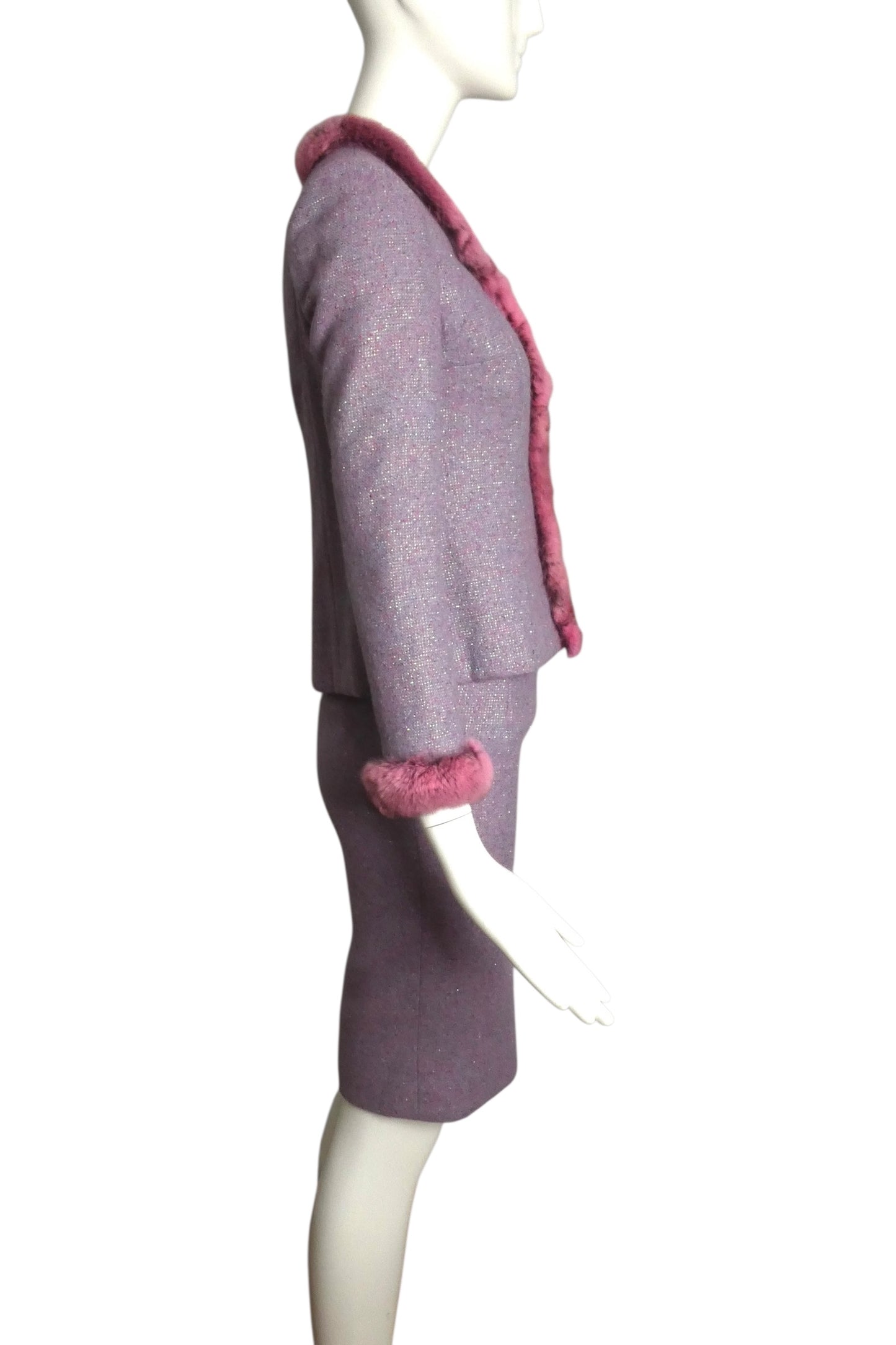 MIRELLA CAVORSO- 2013 Lavender Wool & Fur Trimmed Skirt Suit, Size 2