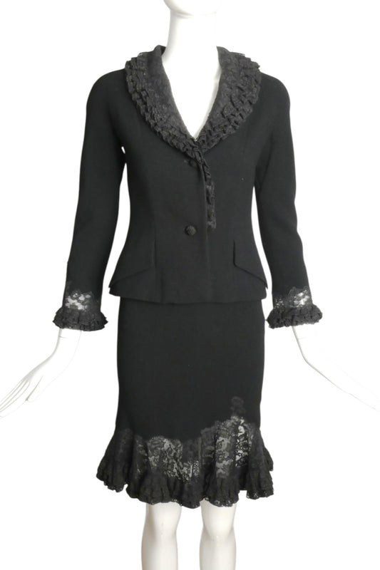 CHRISTIAN DIOR- Black Wool & Crepe Skirt Suit, Size 2P