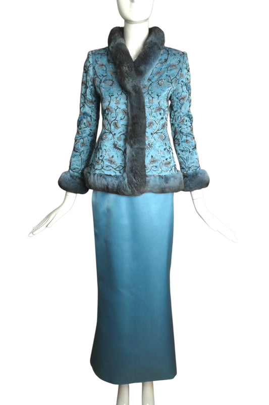 OSCAR DE LA RENTA- Beaded Silk & Fur Evening Suit, Size 4P