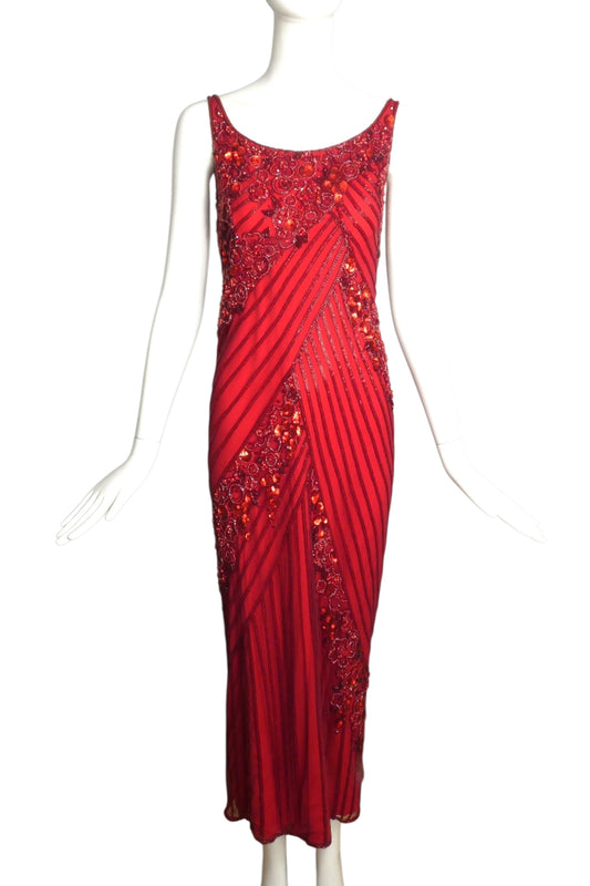 BOB MACKIE- 2001 Red Beaded Evening Gown, Size 2P