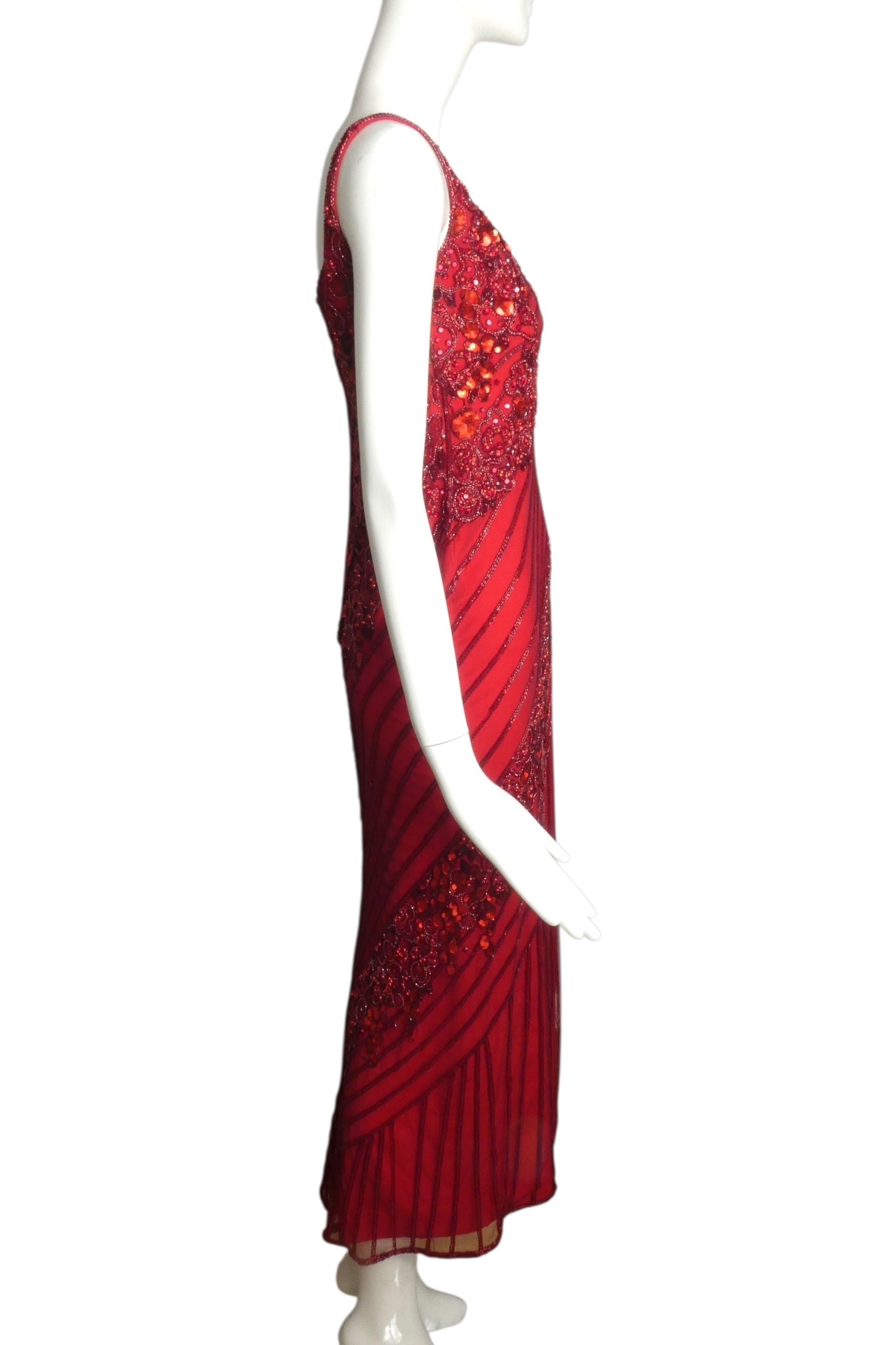BOB MACKIE- 2001 Red Beaded Evening Gown, Size 2P