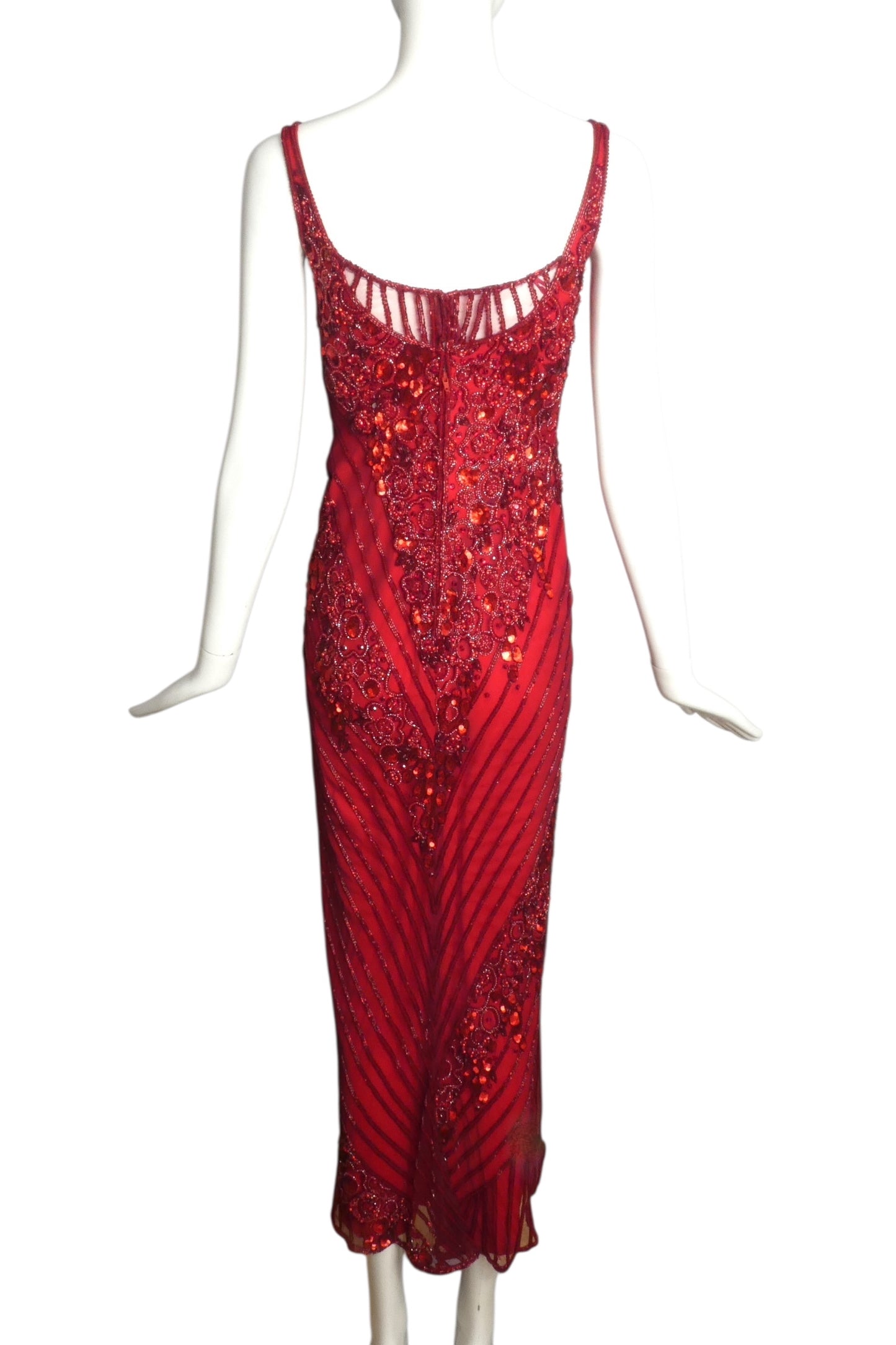 BOB MACKIE- 2001 Red Beaded Evening Gown, Size 2P