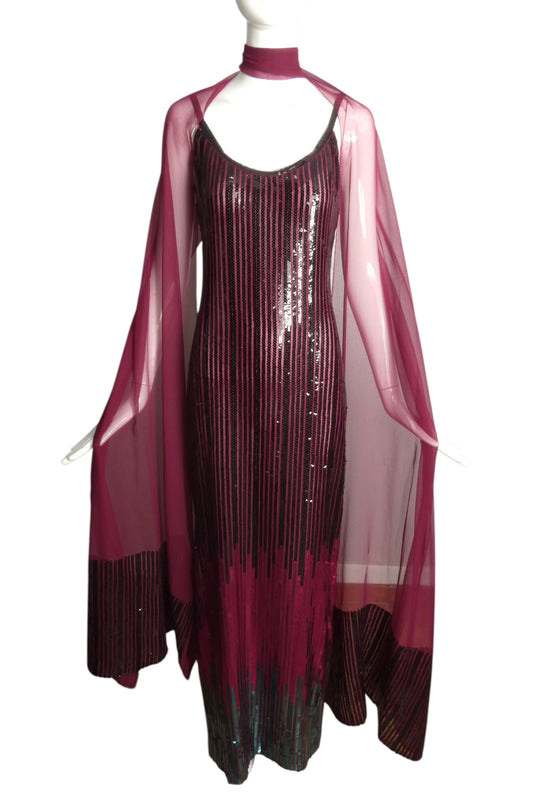 1970s Sequin Columnar Gown & Scarf, Size-8
