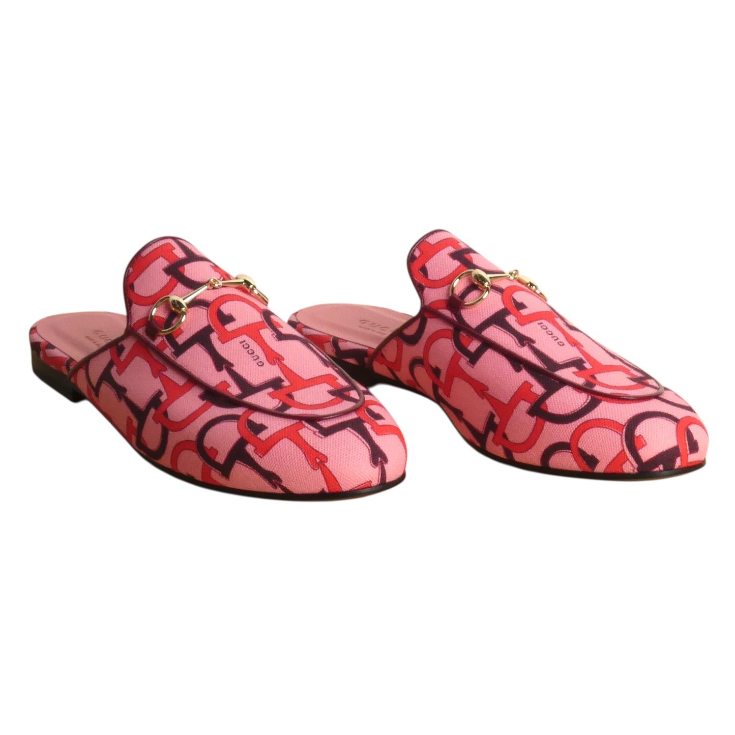 GUCCI- NIB Pink Princetown Horsebit Print Mules, Multiple Sizes Available