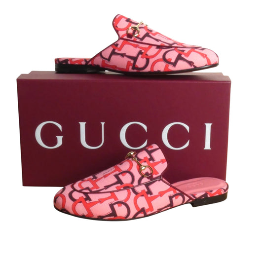 GUCCI- NIB Pink Princetown Horsebit Print Mules, Multiple Sizes Available
