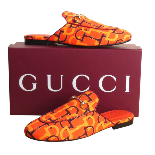 GUCCI- NIB Orange Princetown Horsebit Print Mules, Multiple Sizes Available