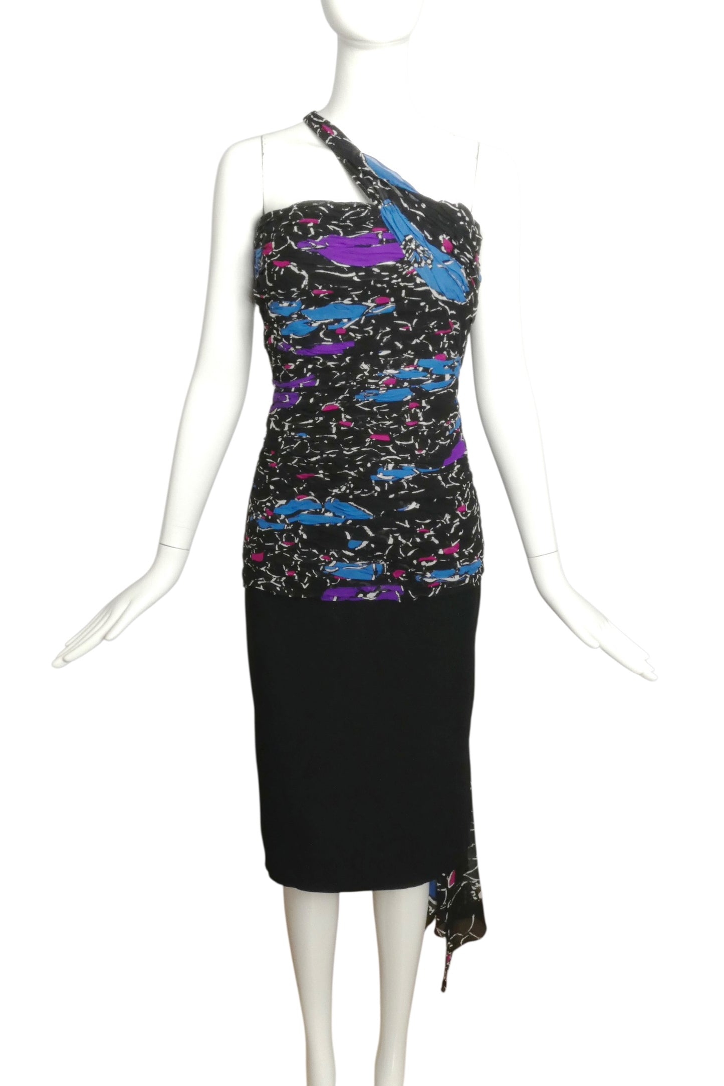 1985 Printed Chiffon & Crepe Cocktail Dress, Size 10