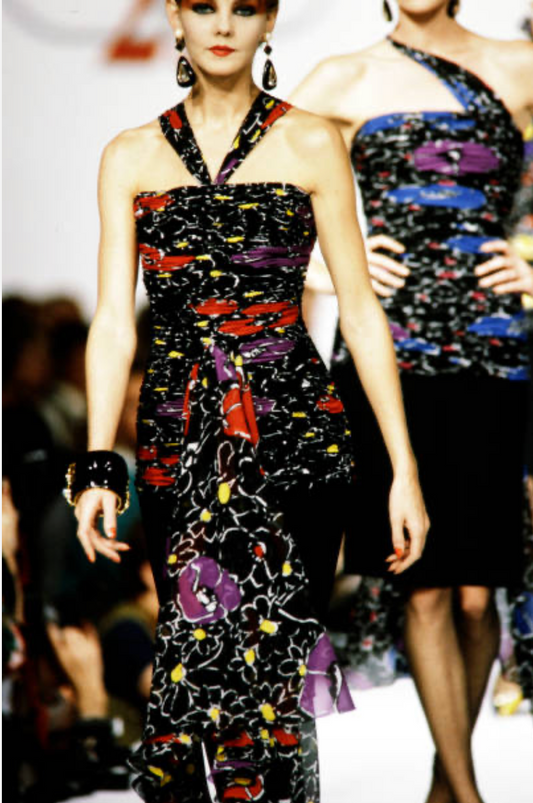 VALENTINO- 1985 Printed Chiffon & Crepe Cocktail Dress, Size 10