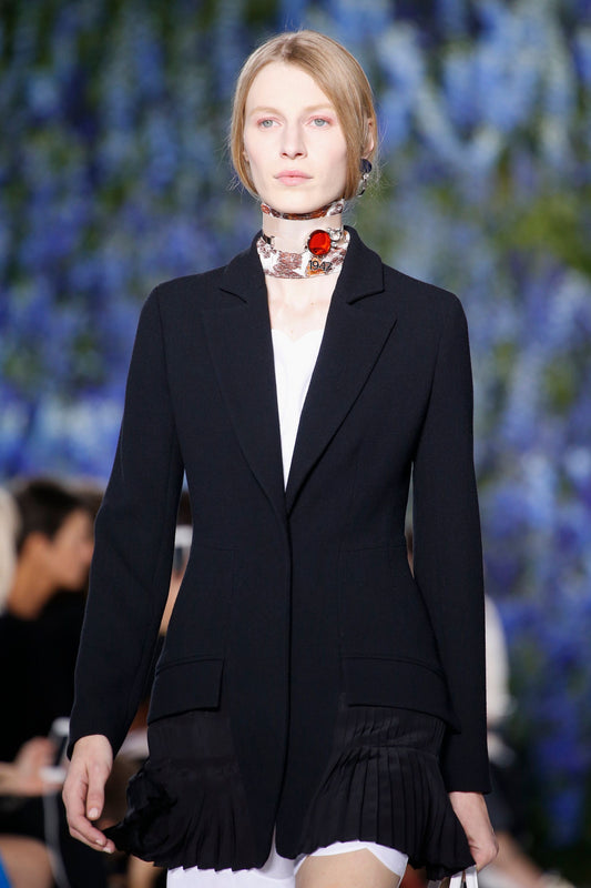 CHRISTIAN DIOR- 2016 Black Wool & Pleated Chiffon Blazer, Size 12