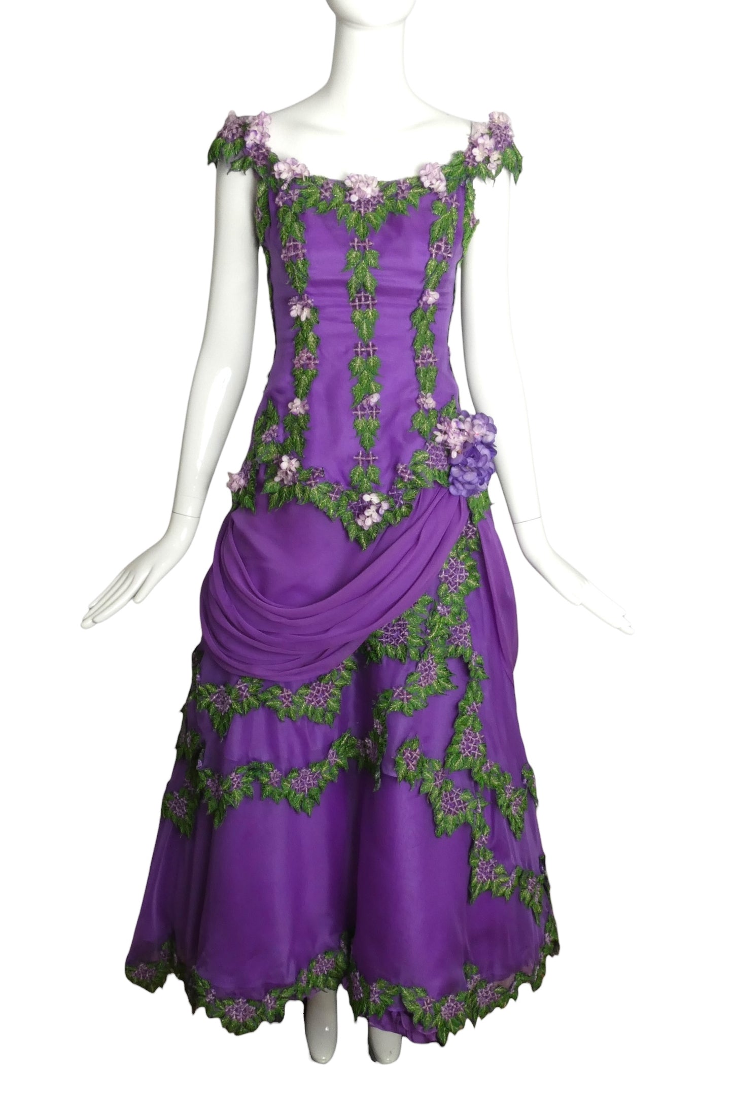 1990s Purple Silk Chiffon Floral Ball Gown, Size 2 Petite