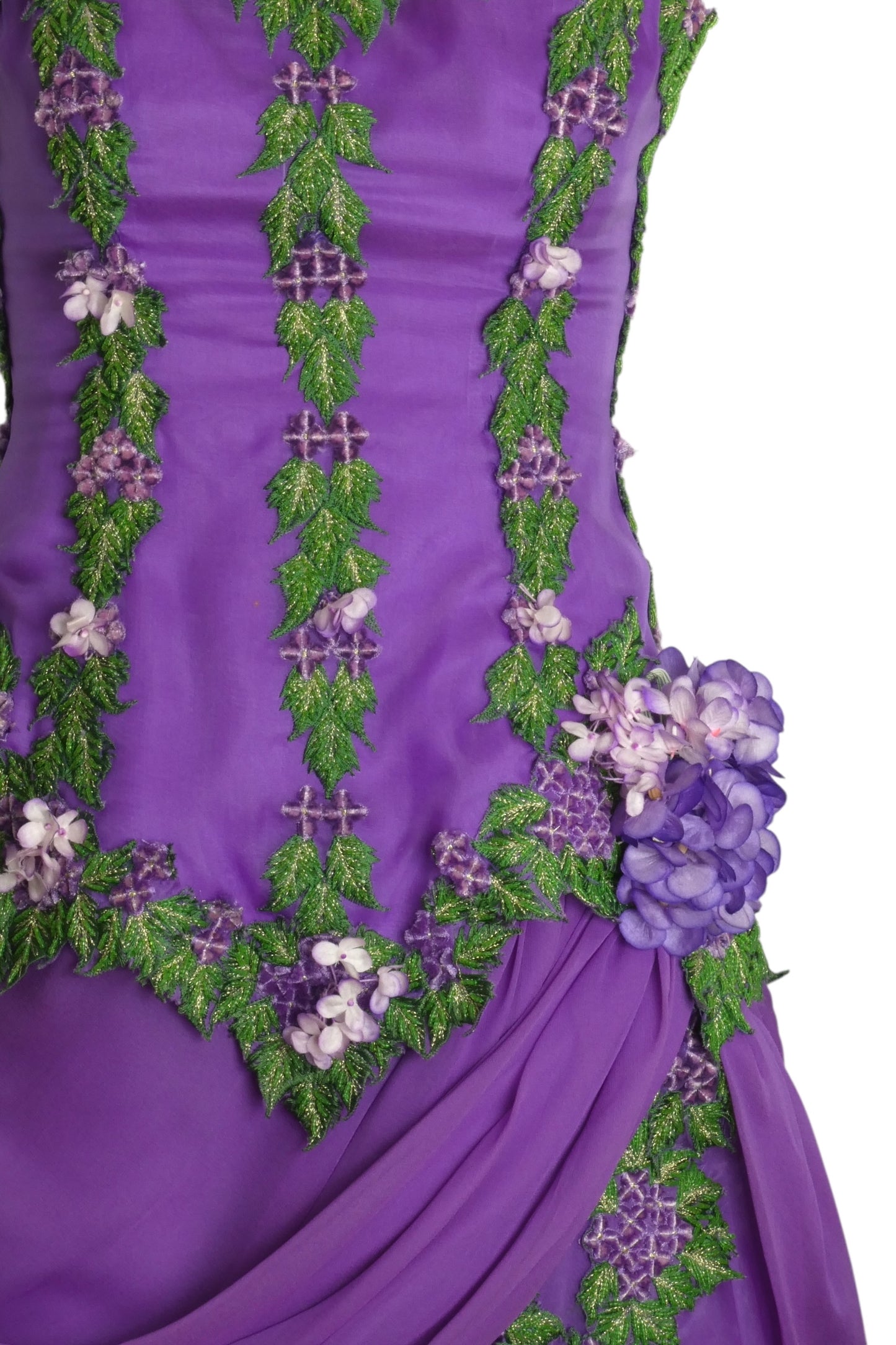 1990s Purple Silk Chiffon Floral Ball Gown, Size 2 Petite