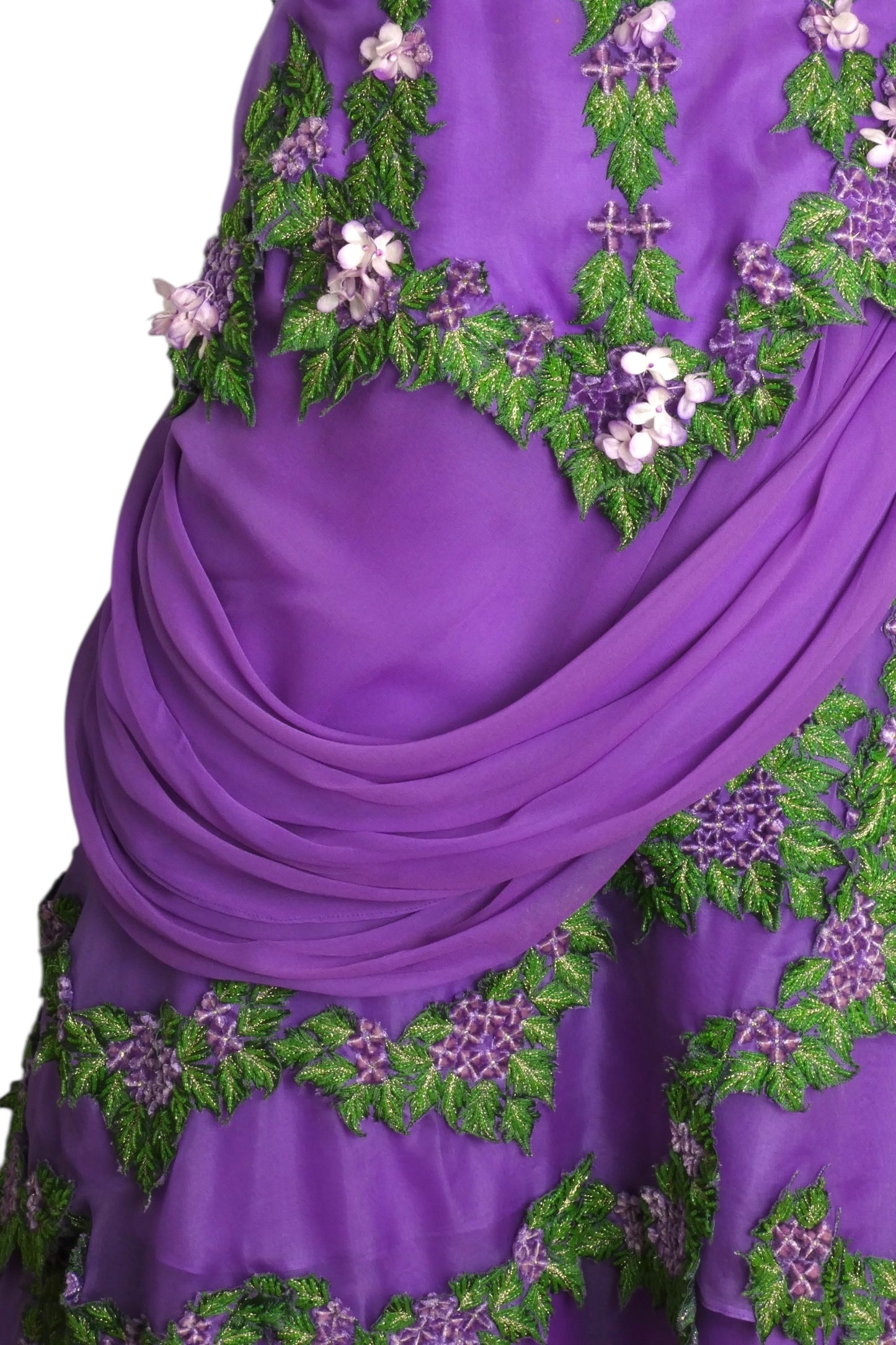 1990s Purple Silk Chiffon Floral Ball Gown, Size 2 Petite
