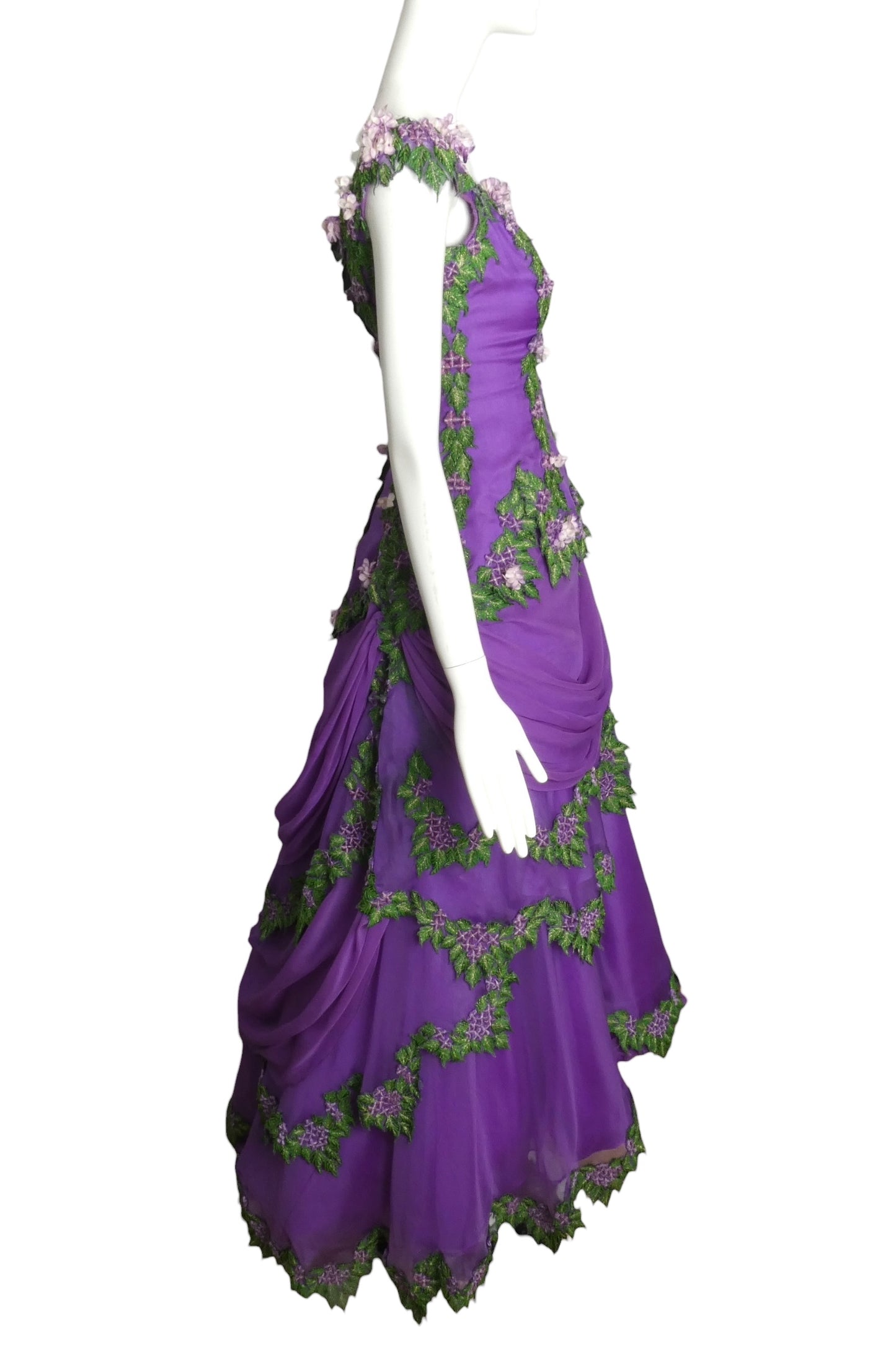 1990s Purple Silk Chiffon Floral Ball Gown, Size 2 Petite