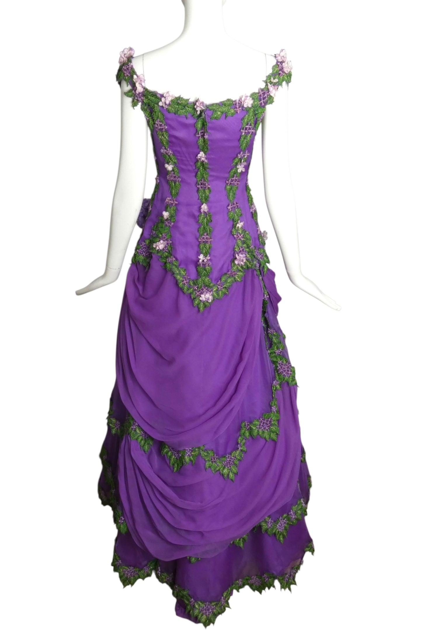 1990s Purple Silk Chiffon Floral Ball Gown, Size 2 Petite