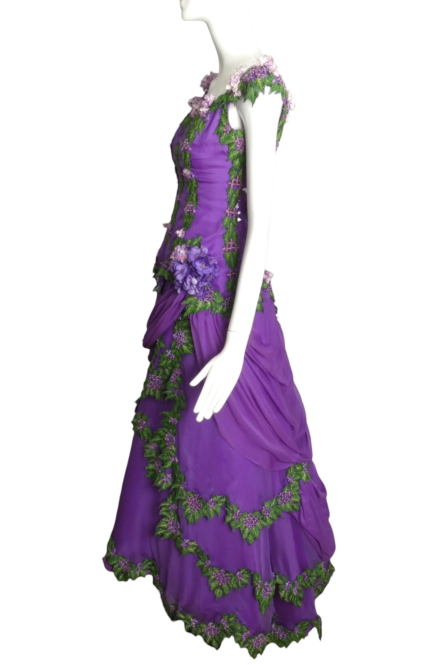 1990s Purple Silk Chiffon Floral Ball Gown, Size 2 Petite