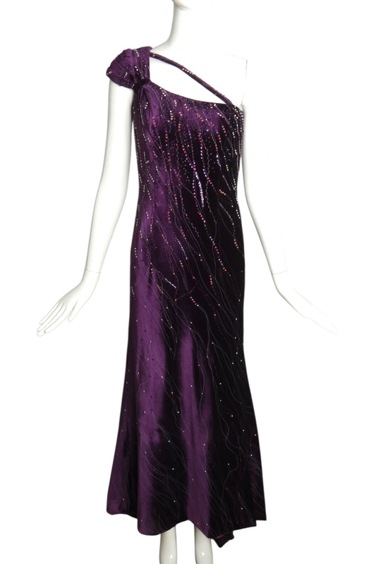 2000s Purple Sequin Velvet Trained Evening Gown, Size 2 Petite