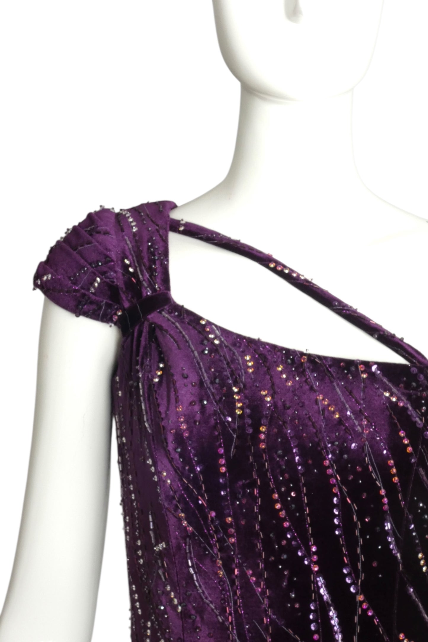 2000s Purple Sequin Velvet Trained Evening Gown, Size 2 Petite