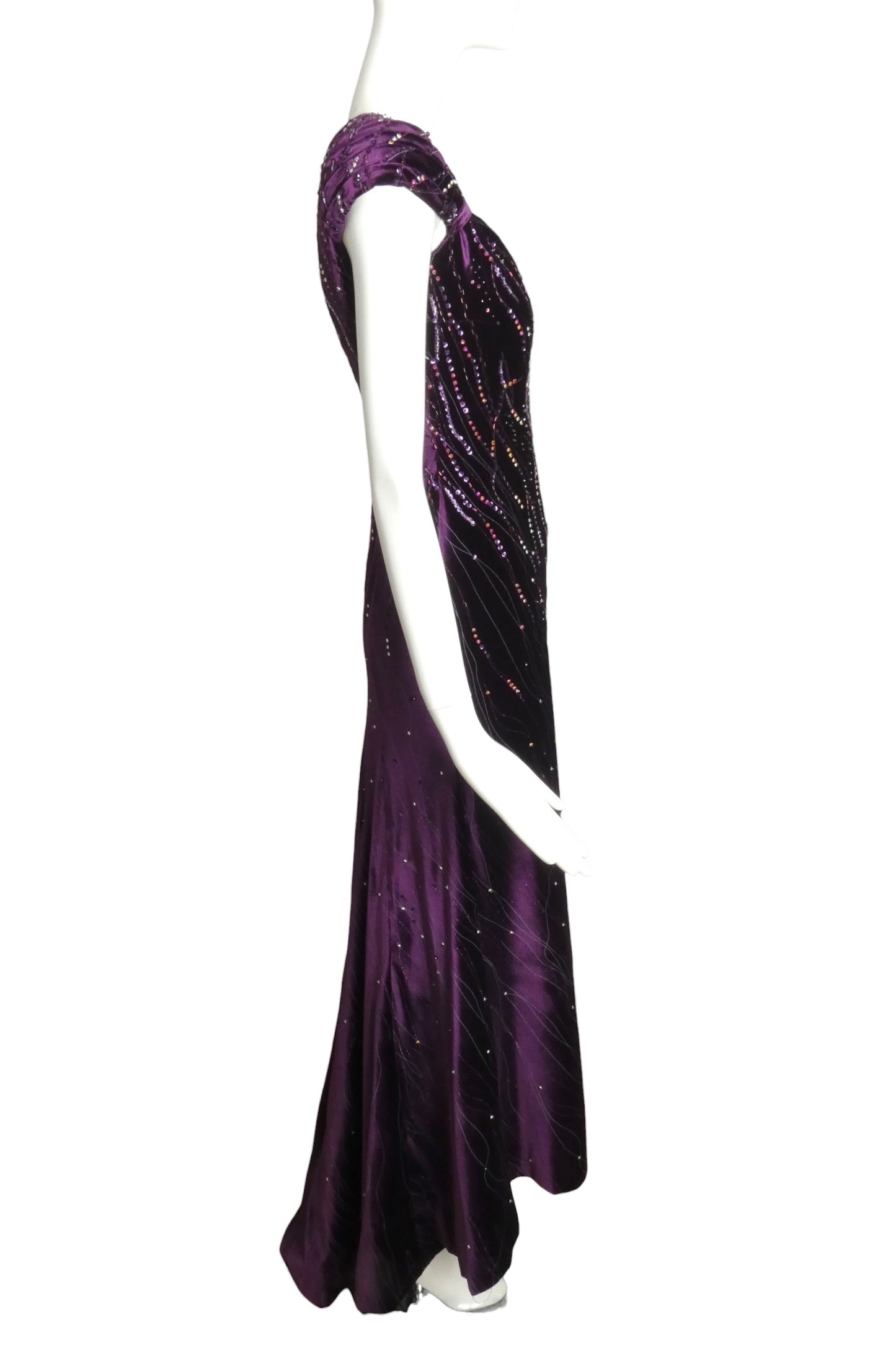 2000s Purple Sequin Velvet Trained Evening Gown, Size 2 Petite
