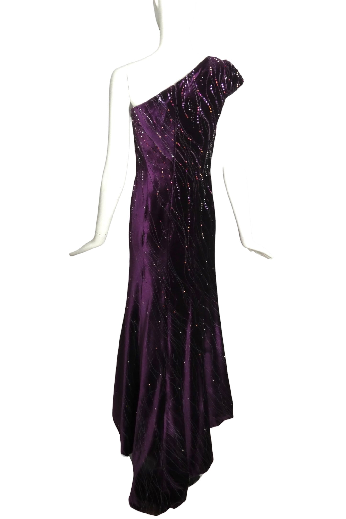 2000s Purple Sequin Velvet Trained Evening Gown, Size 2 Petite