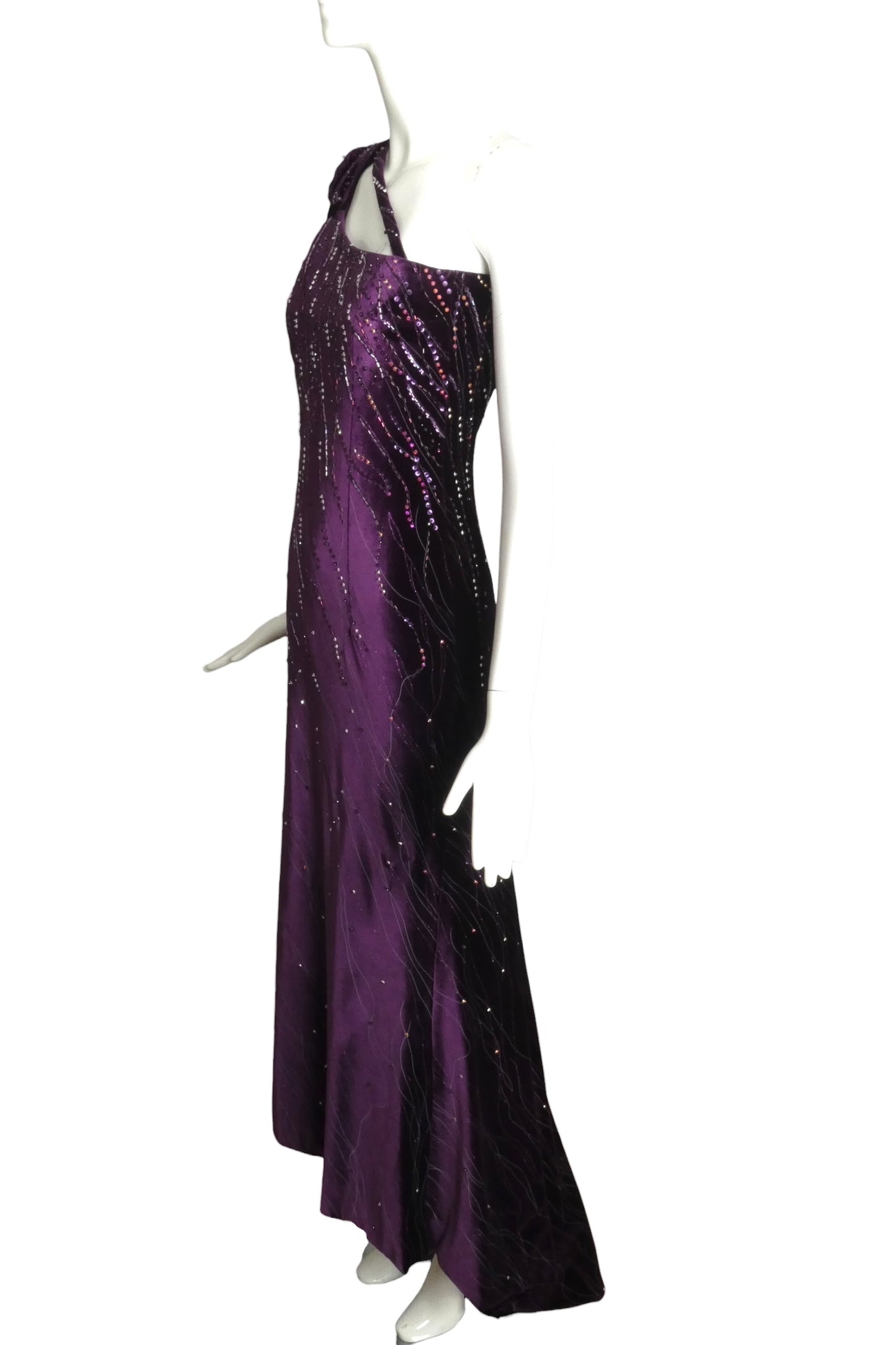 2000s Purple Sequin Velvet Trained Evening Gown, Size 2 Petite