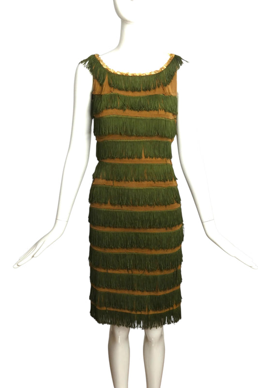 1950s Green Fringe Dress, Size 4