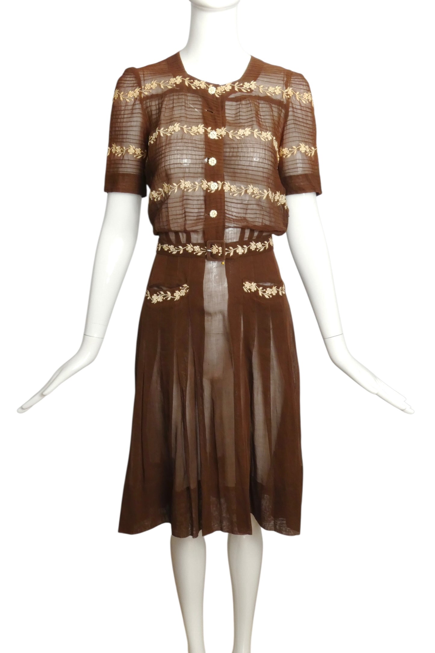1930s Brown Embroidered Day Dress, Size 6