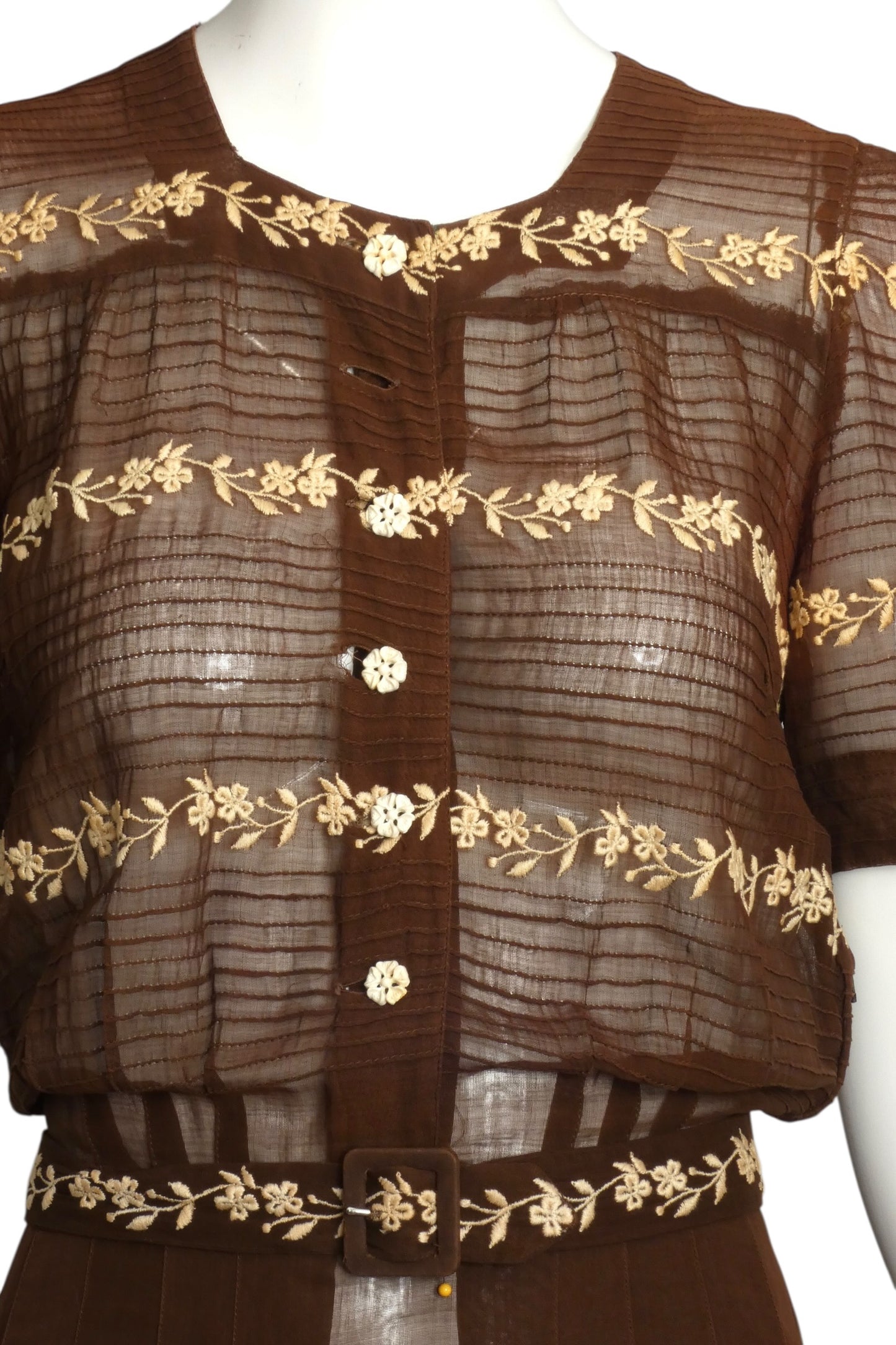 1930s Brown Embroidered Day Dress, Size 6