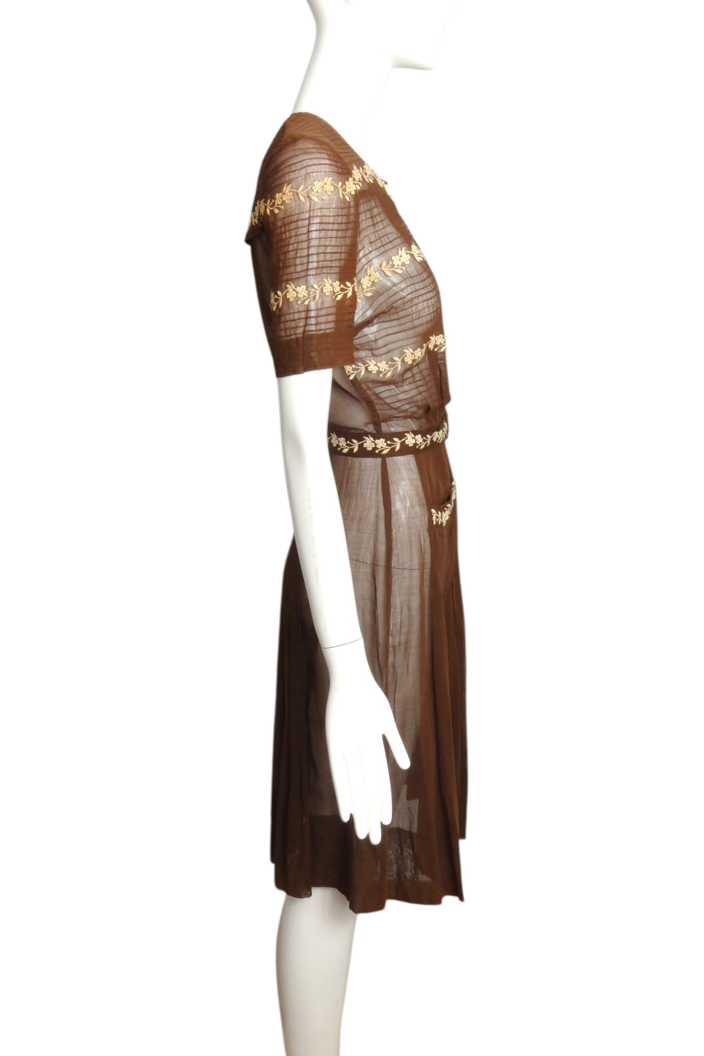 1930s Brown Embroidered Day Dress, Size 6