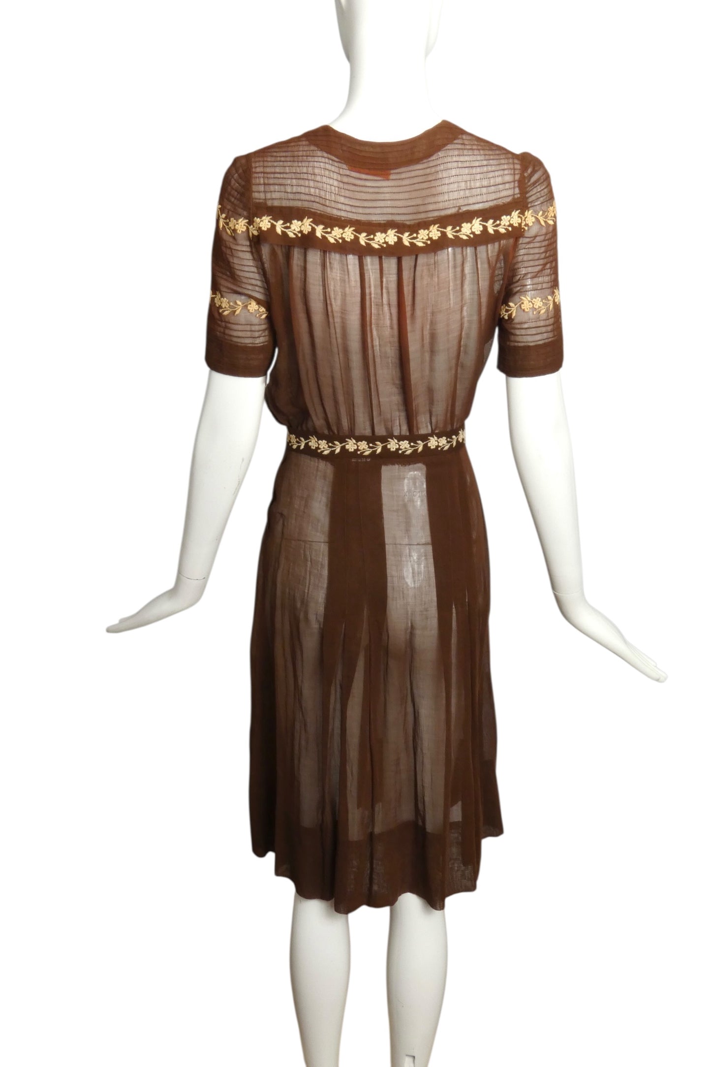 1930s Brown Embroidered Day Dress, Size 6