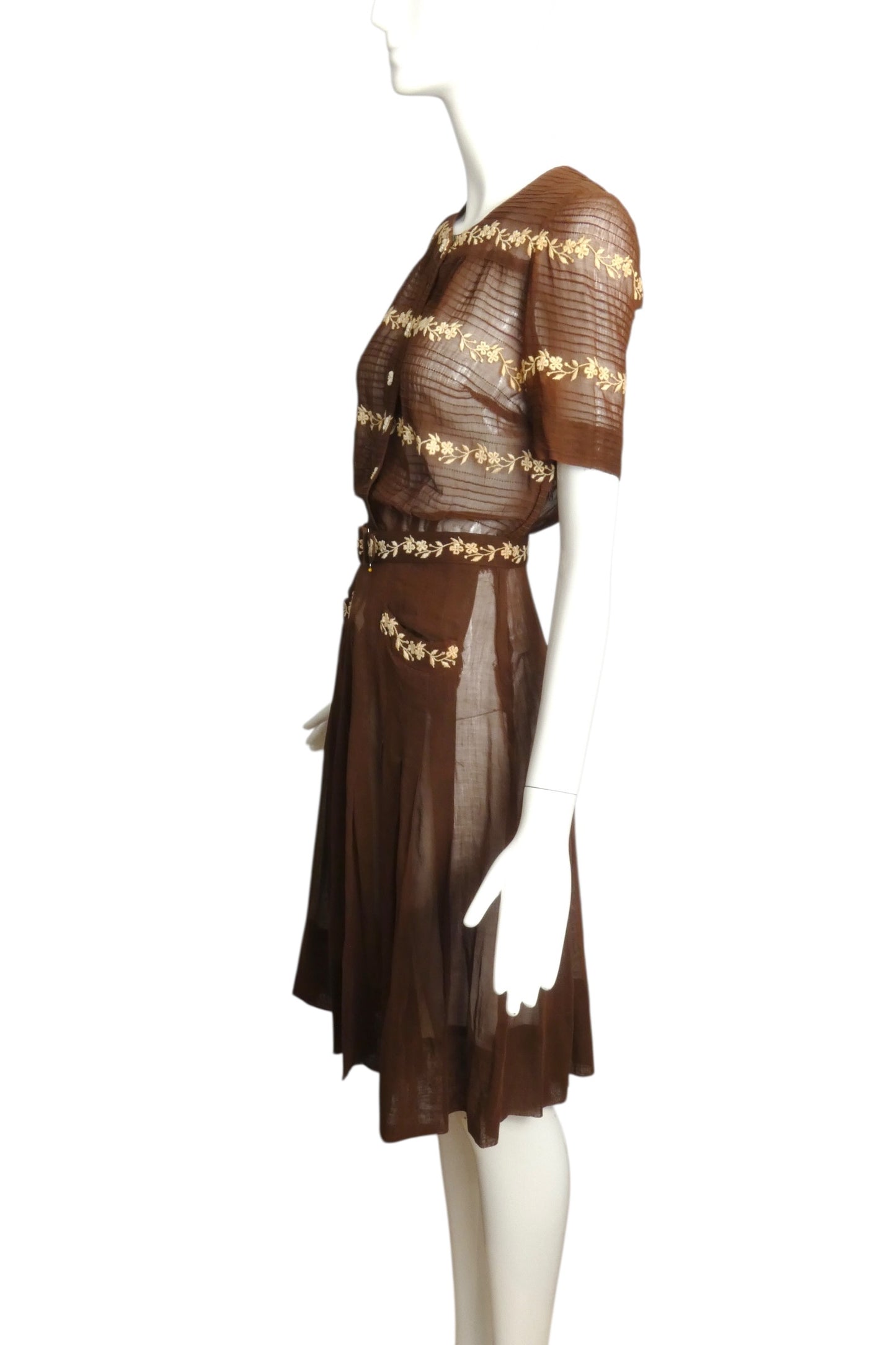 1930s Brown Embroidered Day Dress, Size 6