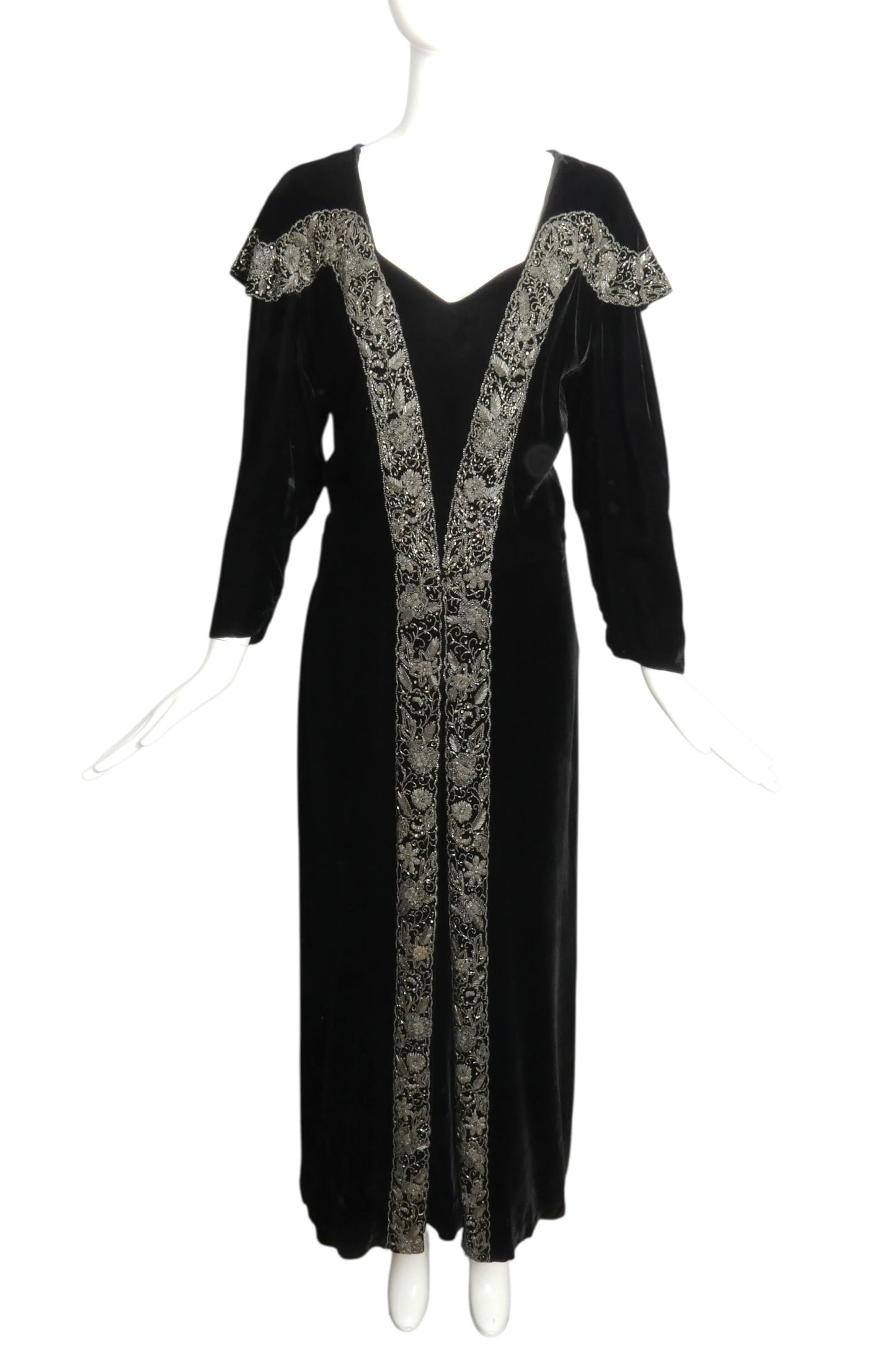 1930s Black Beaded Velvet Evening Gown, Size 10