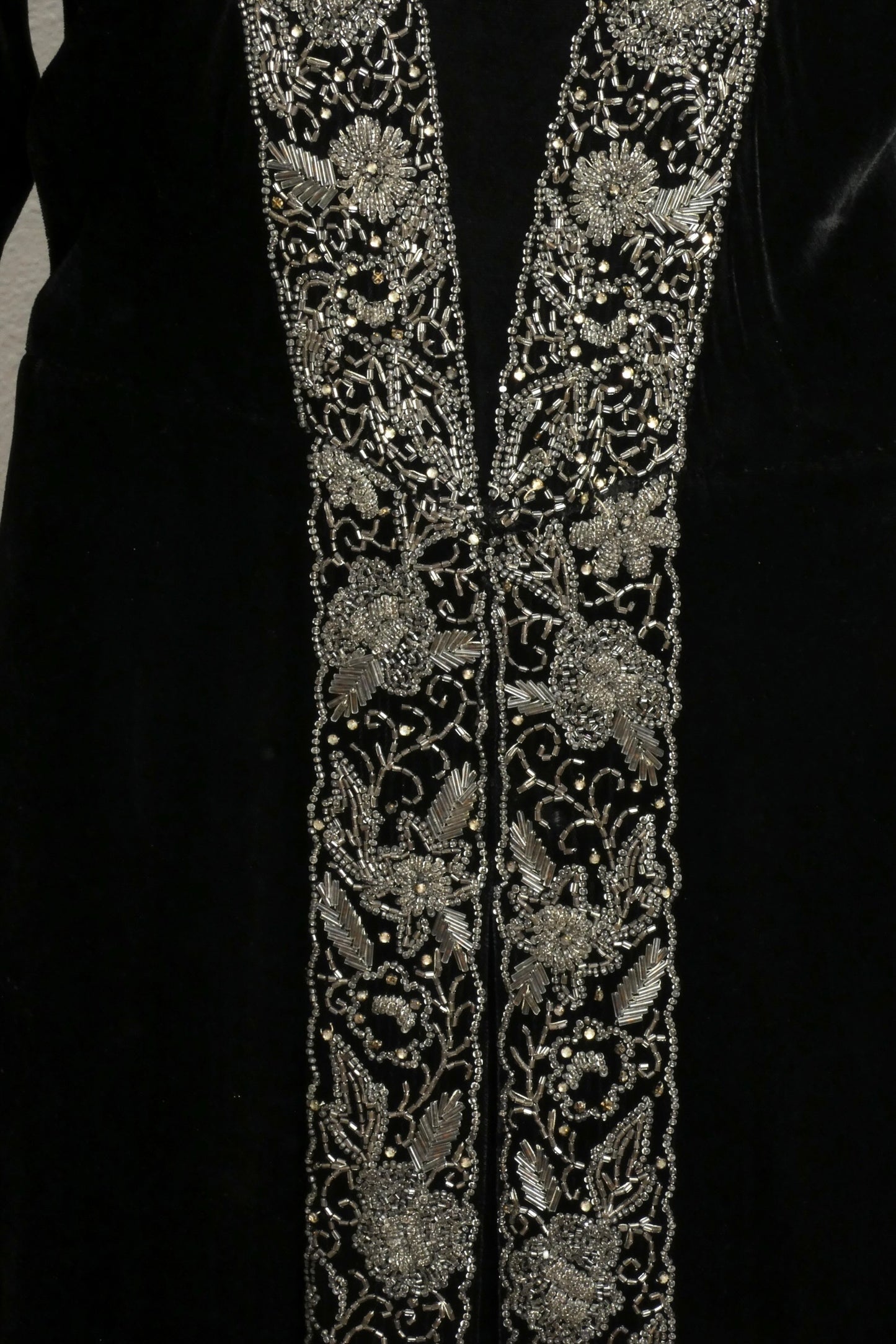 1930s Black Beaded Velvet Evening Gown, Size 10