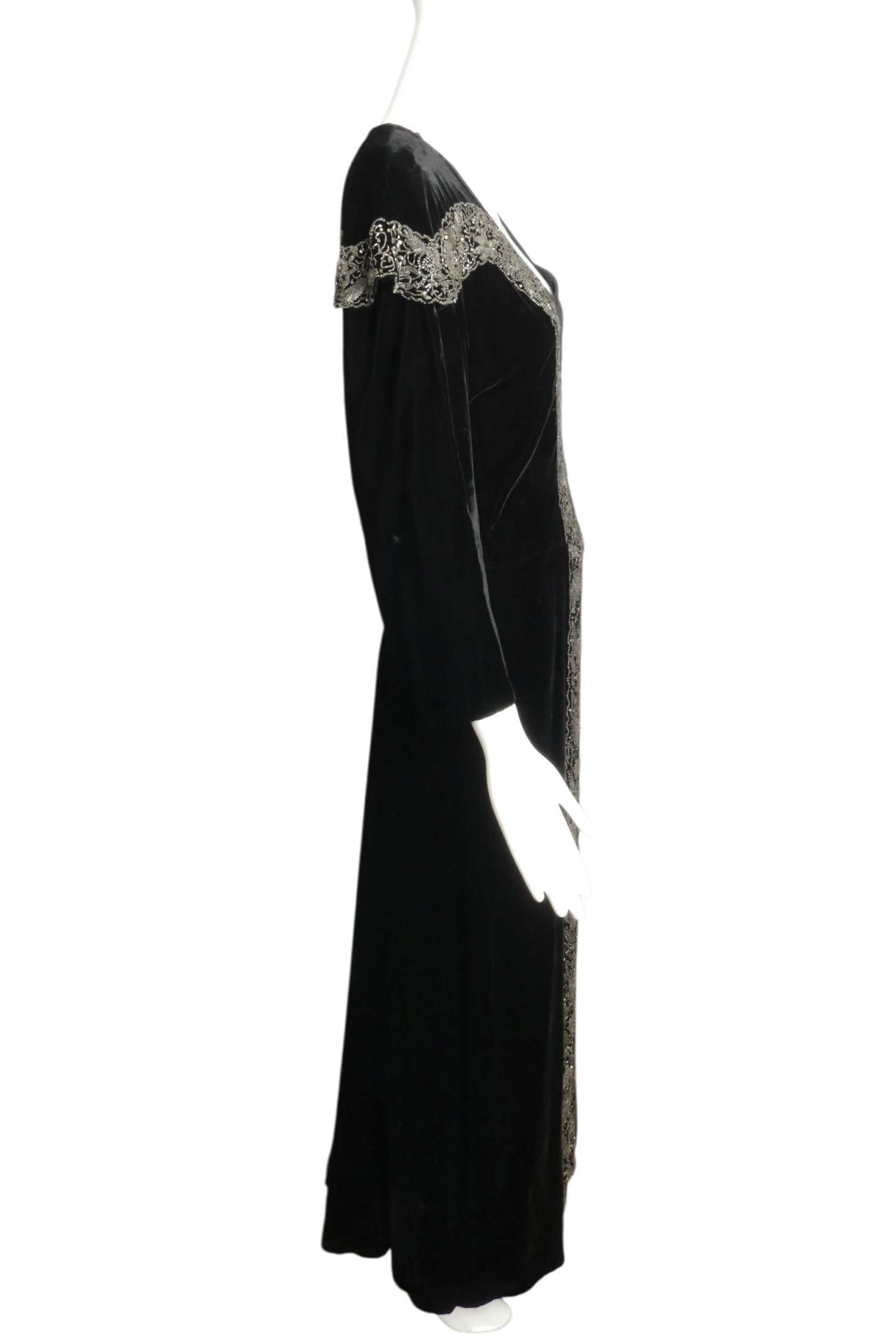 1930s Black Beaded Velvet Evening Gown, Size 10