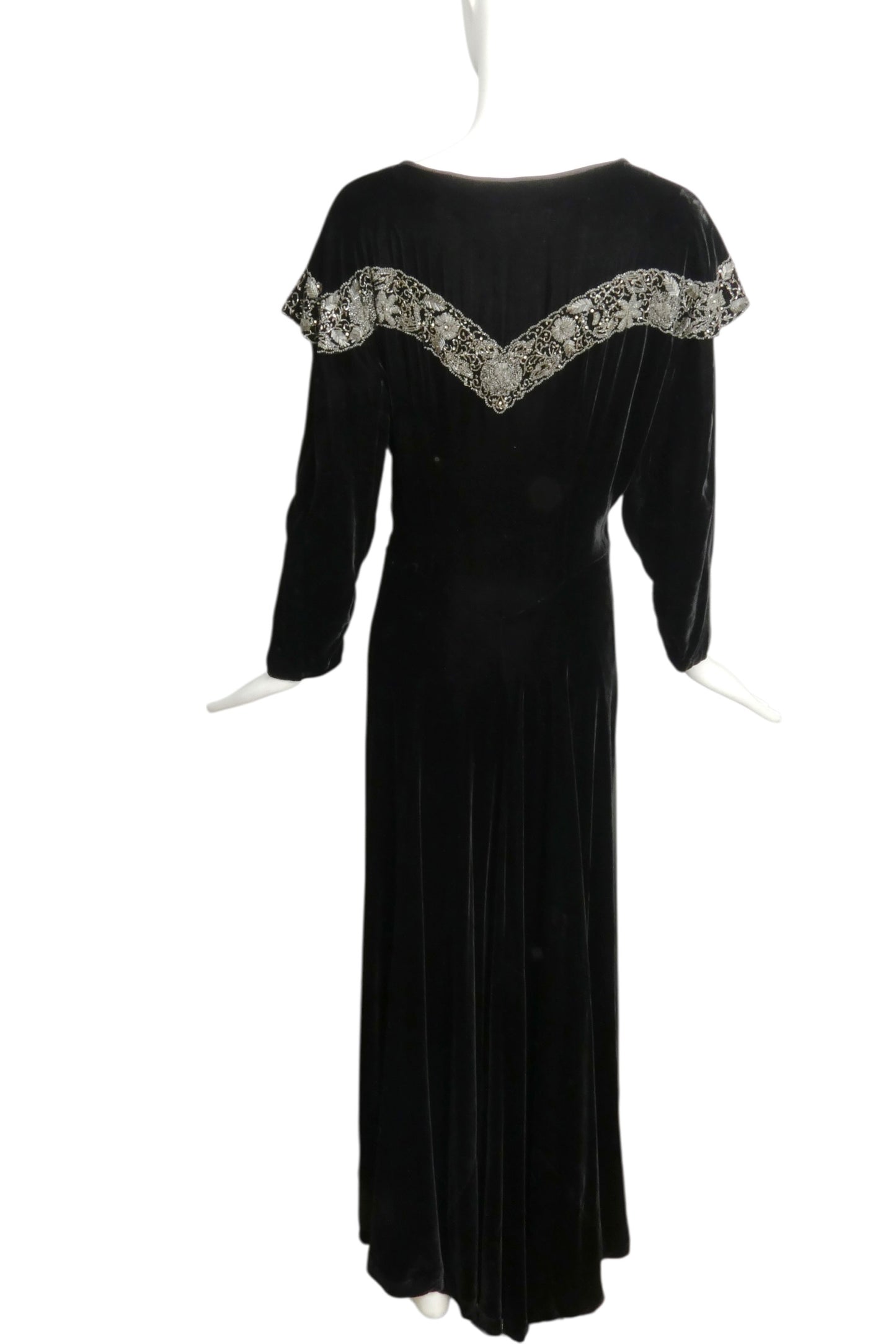 1930s Black Beaded Velvet Evening Gown, Size 10
