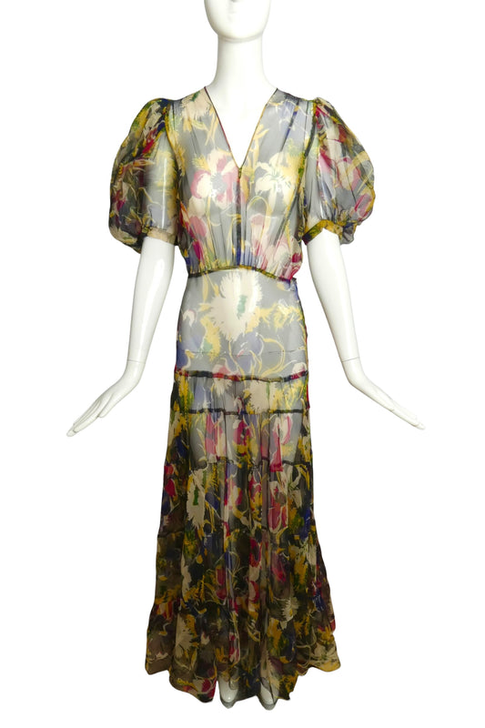 1930s Multi Color Floral Chiffon Day Dress, Size 8