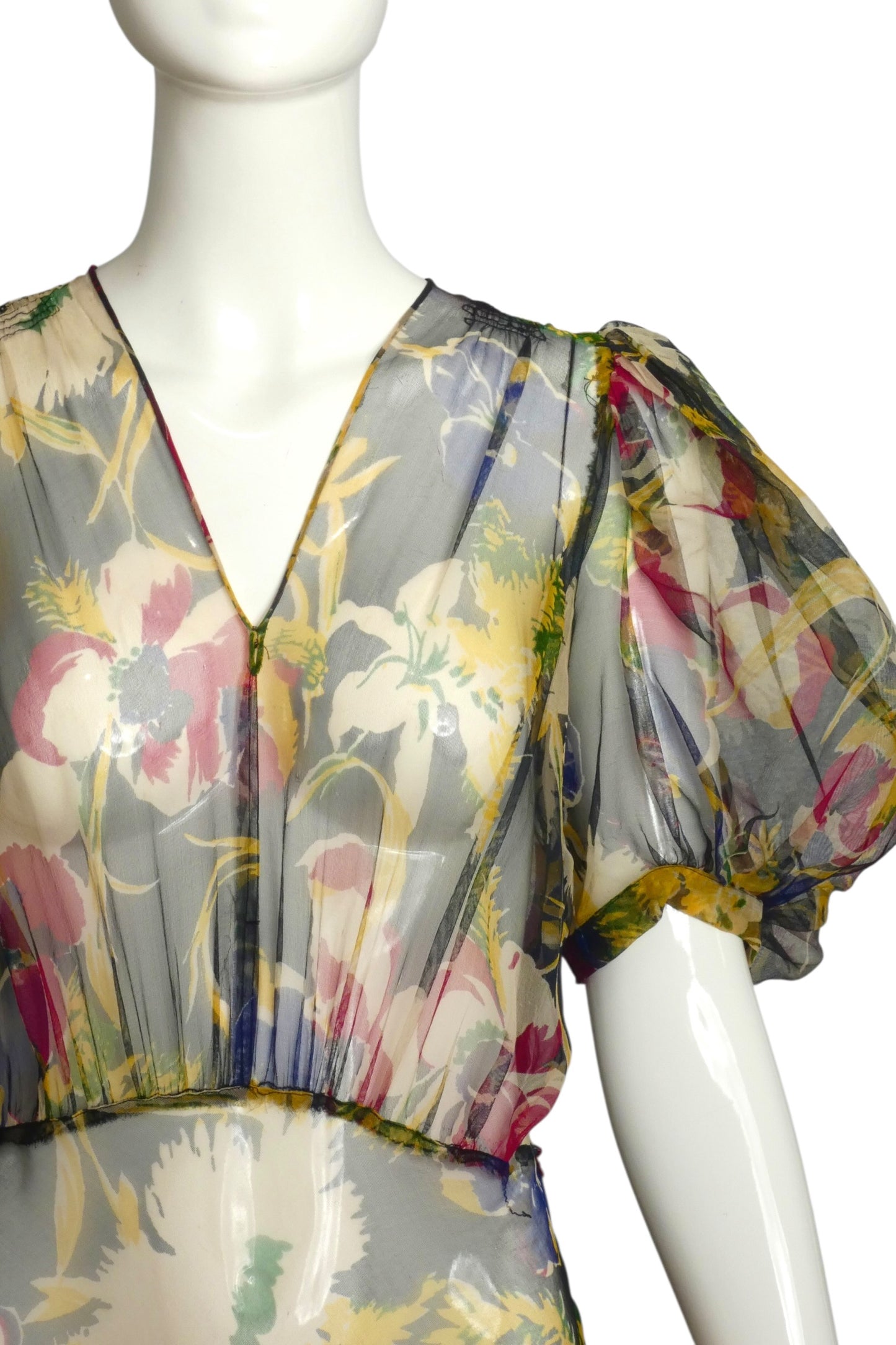 1930s Multi Color Floral Chiffon Day Dress, Size 8