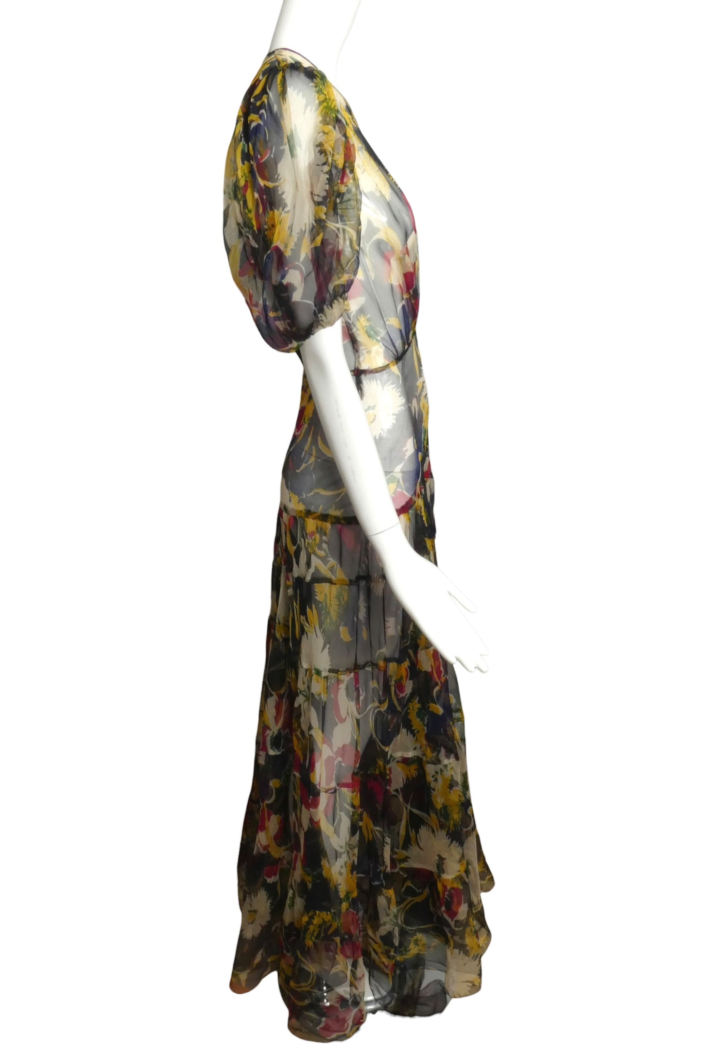 1930s Multi Color Floral Chiffon Day Dress, Size 8