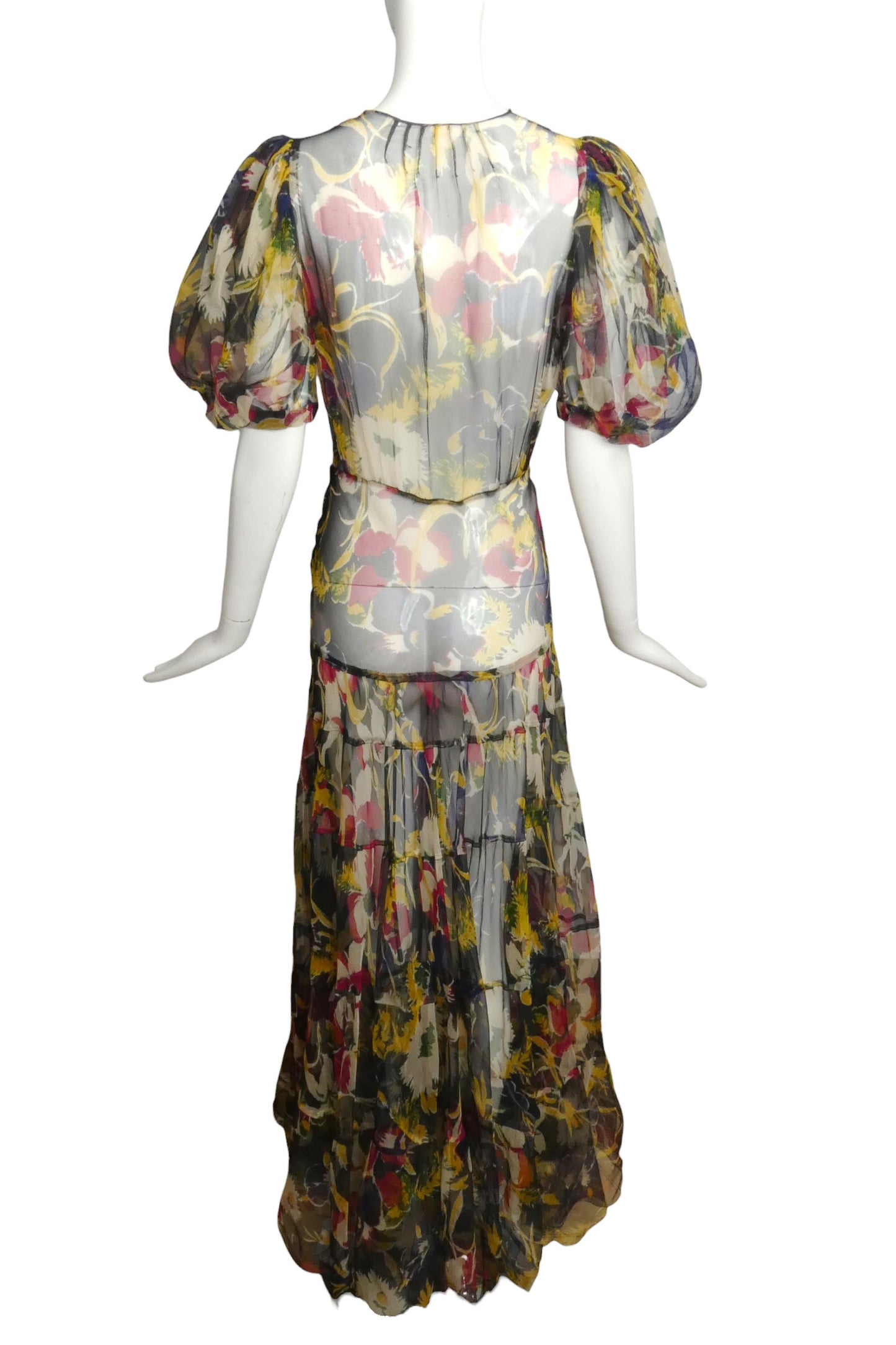 1930s Multi Color Floral Chiffon Day Dress, Size 8