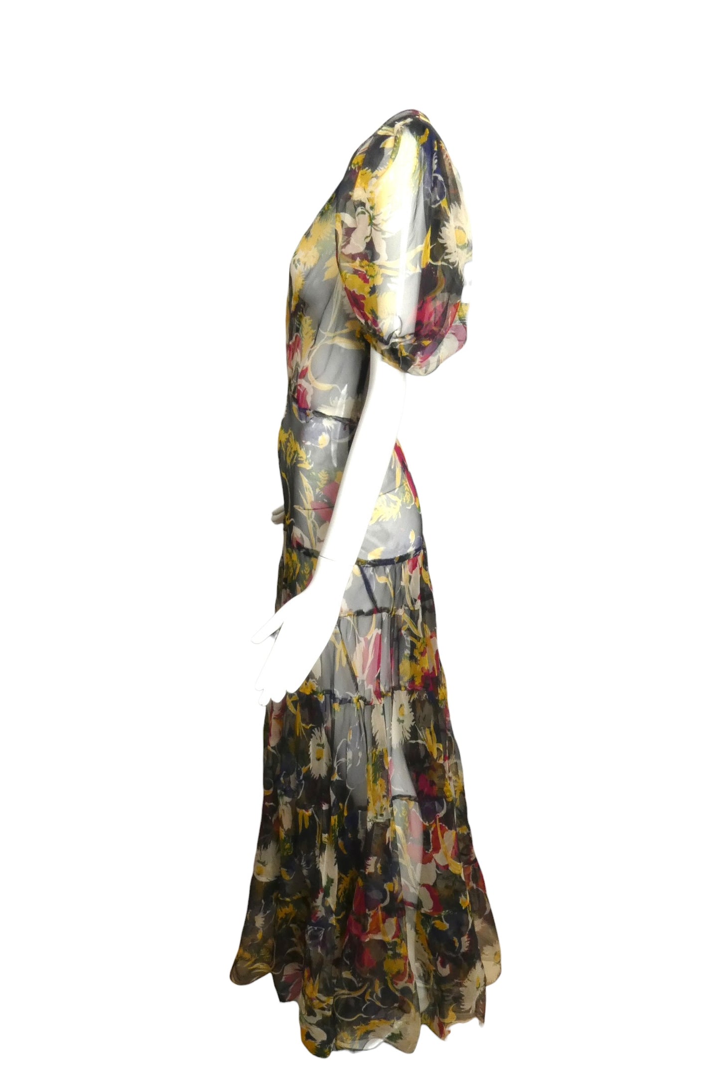 1930s Multi Color Floral Chiffon Day Dress, Size 8