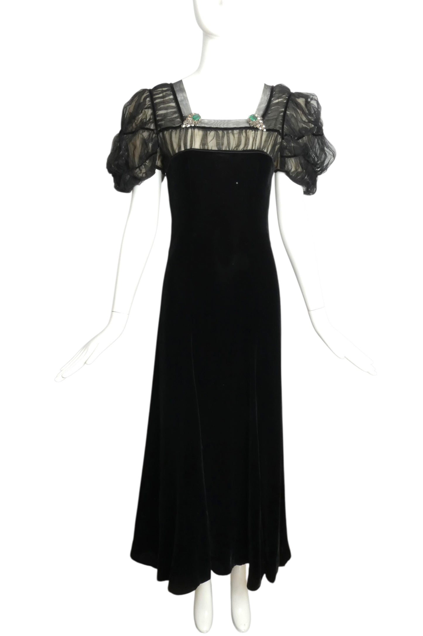 1930s Black Velvet & Chiffon Evening Gown, Size 2